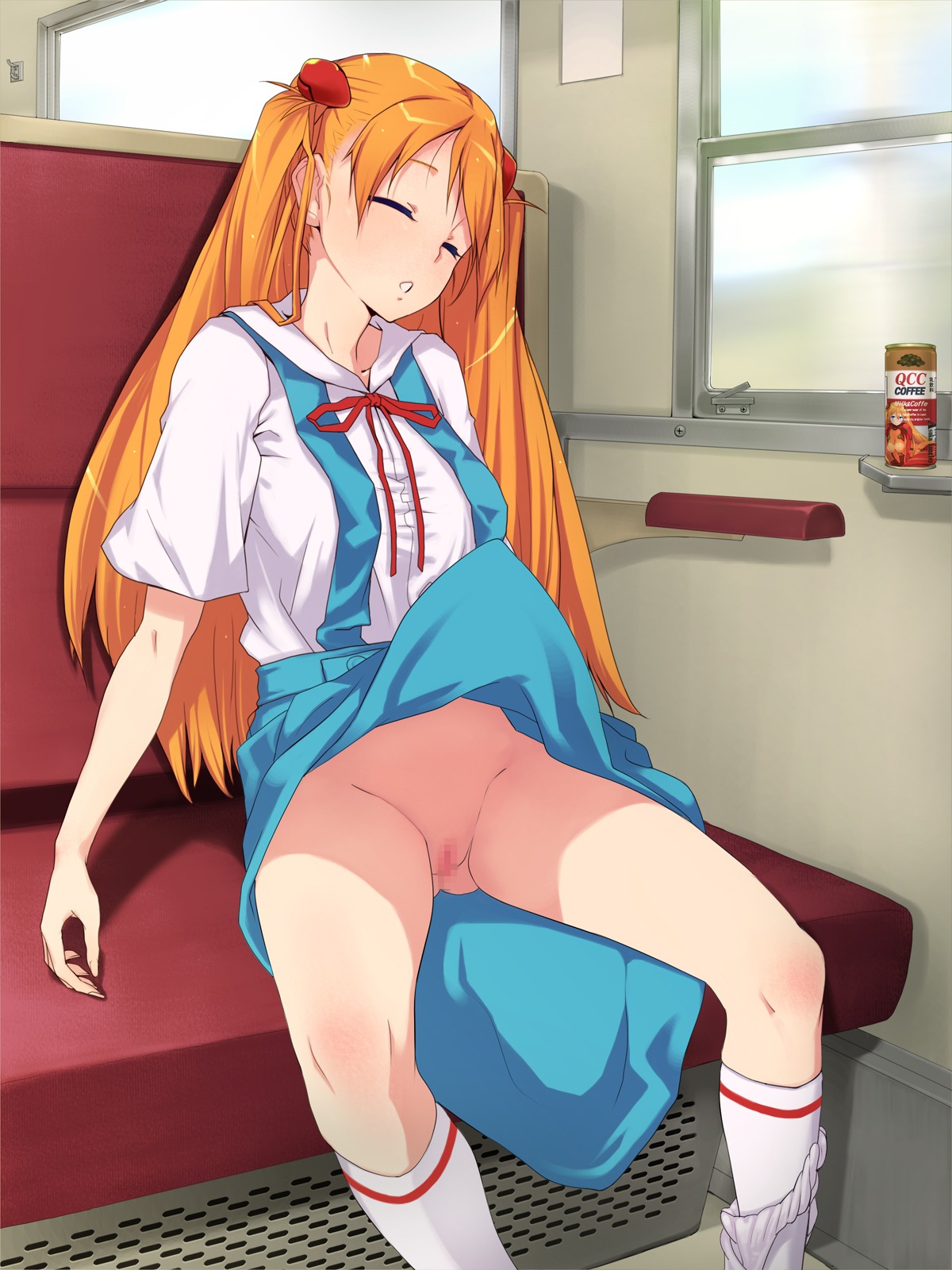 1girls asuka_langley_sohryu bottomless censored closed_eyes clothing female female_only human mosaic_censoring neon_genesis_evangelion orange_hair panties public pussy rule34 school_uniform skirt skirt_lift sleeping solo tagme