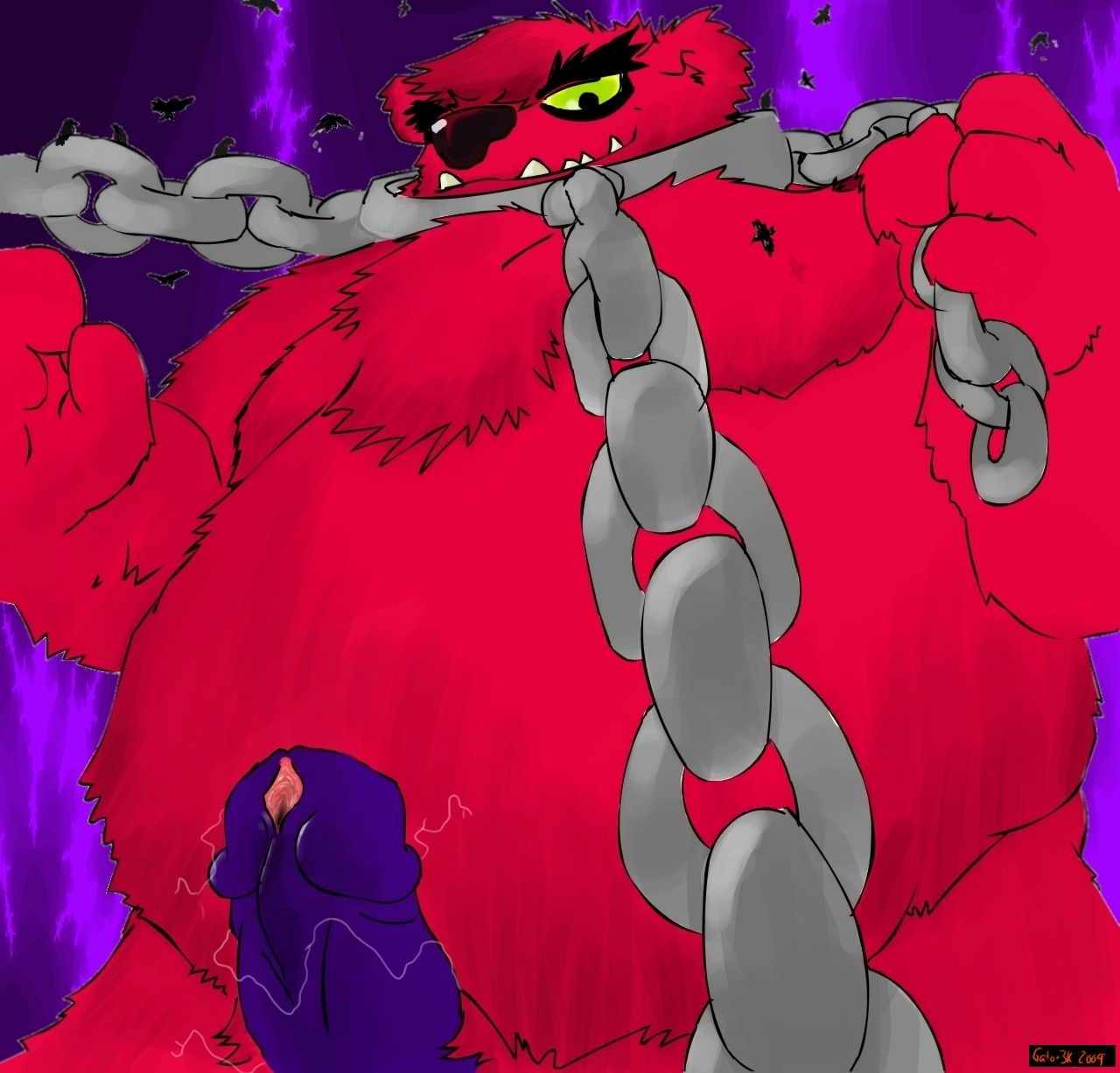 anthro big_belly chains chubby collar duel_monster fluffy male male_only pandemonium_watchbear purple_penis red_body red_fur red_hair rule34 tagme yu-gi-oh!