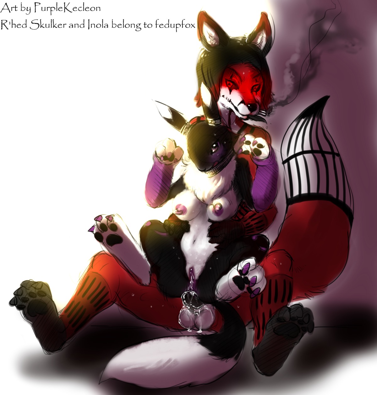 anal anthro anus balls black canine chest_tuft cigarette collar demon digimon dripping ear_piercing earring fedupfox female female_fox fox fur gloves glowing hindpaw hoops inola male messy nipples paws penis piercing purplekecleon red renamon rule34 smoke smoking tattoo tongue wet