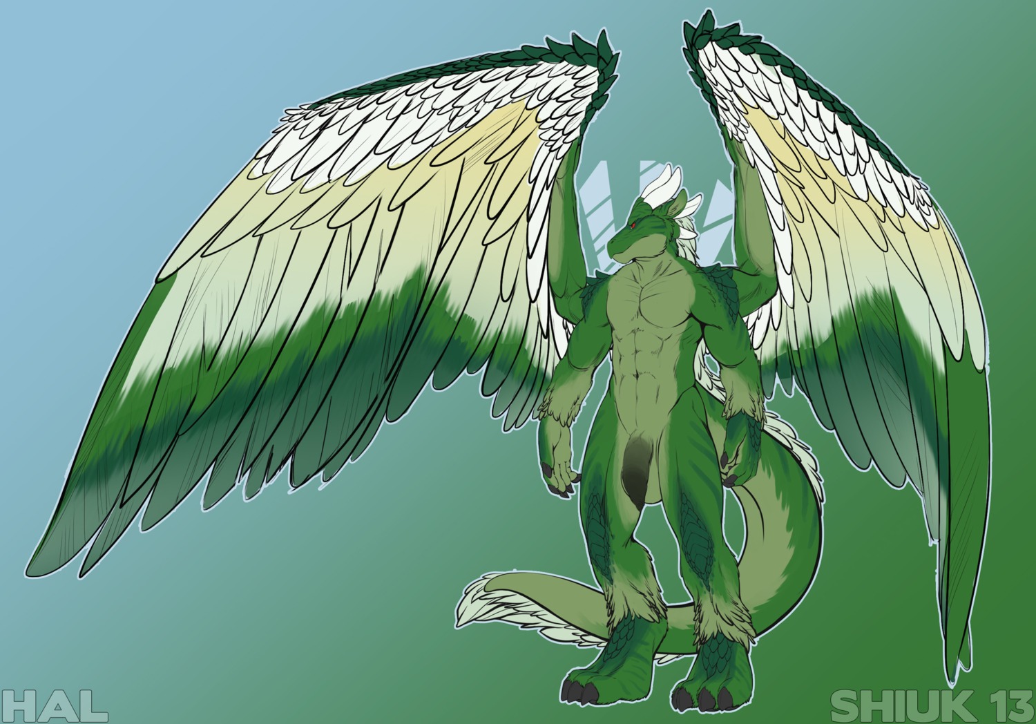 2013 abs anthro athletic balls biceps big_penis biped black_penis claws dragon e621 feathered_dragon feathered_scalie feathered_wings feathers feet flaccid foreskin fur genitals green_balls green_body green_feathers green_fur green_hair green_penis green_skin hair hi_res hindpaw horn humanoid_genitalia humanoid_penis long_foreskin male muscular muscular_anthro mythological_creature mythological_scalie mythology navel nude paws pecs penis pose red_eyes reptile scales scalie shiuk solo standing tail toe_claws unretracted_foreskin vein white_body white_feathers wings