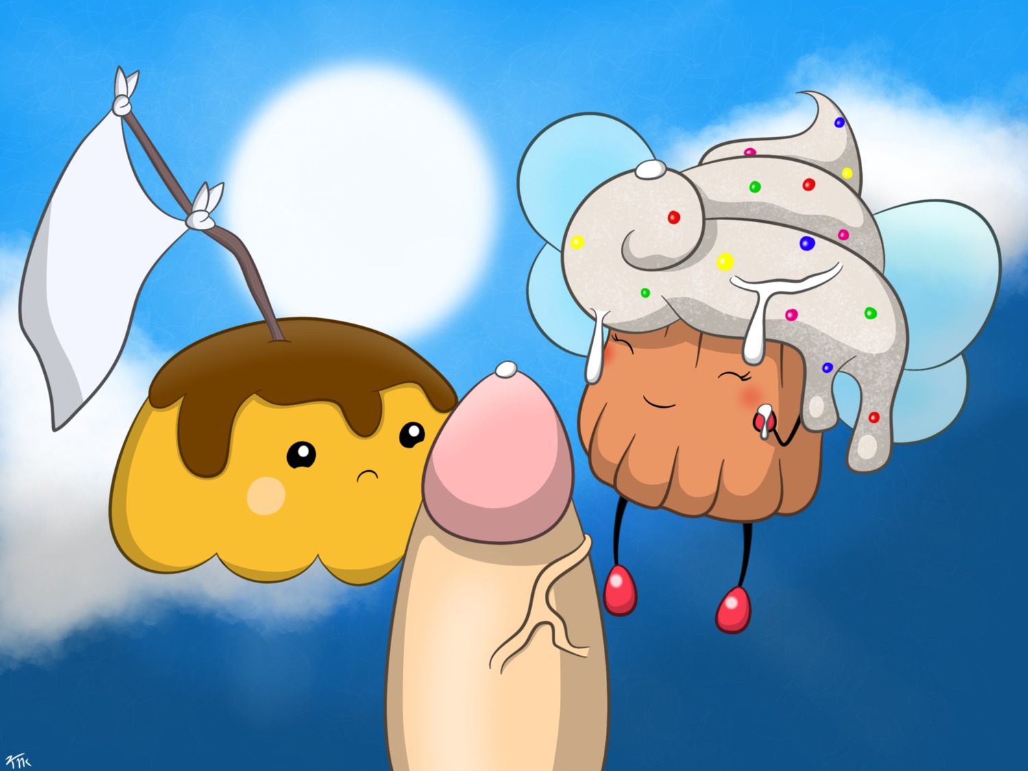 4:3 after_sex bodily_fluids bulu_monster cum cupcake cuppi dessert duo_focus e621 erection female first_person_view food food_creature genital_fluids genitals group hi_res human human_pov male male/female male_pov mammal messy neitsuke not_furry outside penis pudding purin vein veiny_penis