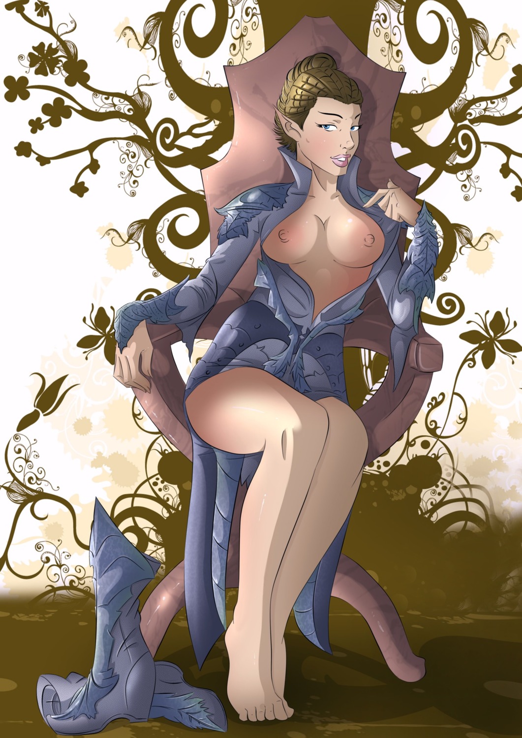1girls areolae barefoot blue_eyes breasts breasts_out color dungeons_and_dragons elf elf_ears elf_female female female_only hotdesigns2 looking_at_viewer nipples rule34 sitting sitting_on_chair solo solo_female tagme