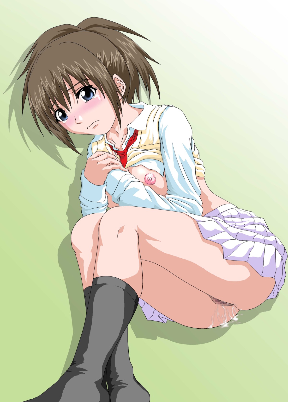 blue_eyes blush breasts brown_hair censored female high_resolution nipples rule34 scared wet