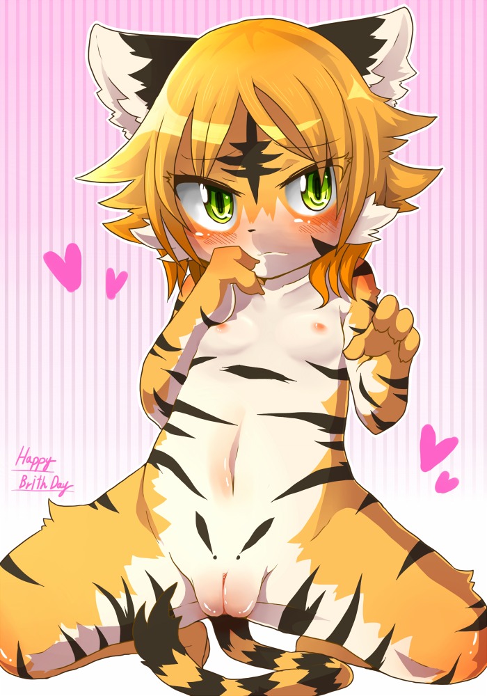 anthro blush breasts child clitoris crouching e621 felid female genitals green_eyes hair heart_symbol kotorahime_neneko looking_at_viewer mammal markings navel nipples nude orange_hair pantherine plump_labia raizinndx shinrabanshou small_breasts solo spread_legs spreading stripes tail tiger vulva young young_anthro young_female