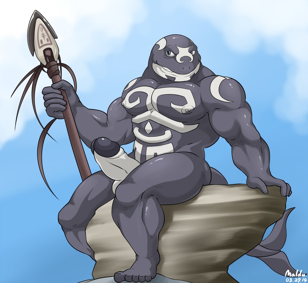 2014 5_fingers 5_toes abs anthro aquatic bald balls barefoot biceps big_muscles big_penis biped blue_eyes boulder butt cetacean cloud dolphin e621 erection fangs feet fingers genitals grasp grey_body grey_skin happy humanoid_genitalia humanoid_penis maldu male mammal melee_weapon muscular muscular_anthro muscular_male nipples nude oceanic_dolphin orca outside pecs penis polearm pose rock scales sitting sky smile solo spear teeth thick_penis toes toothed_whale tribal weapon