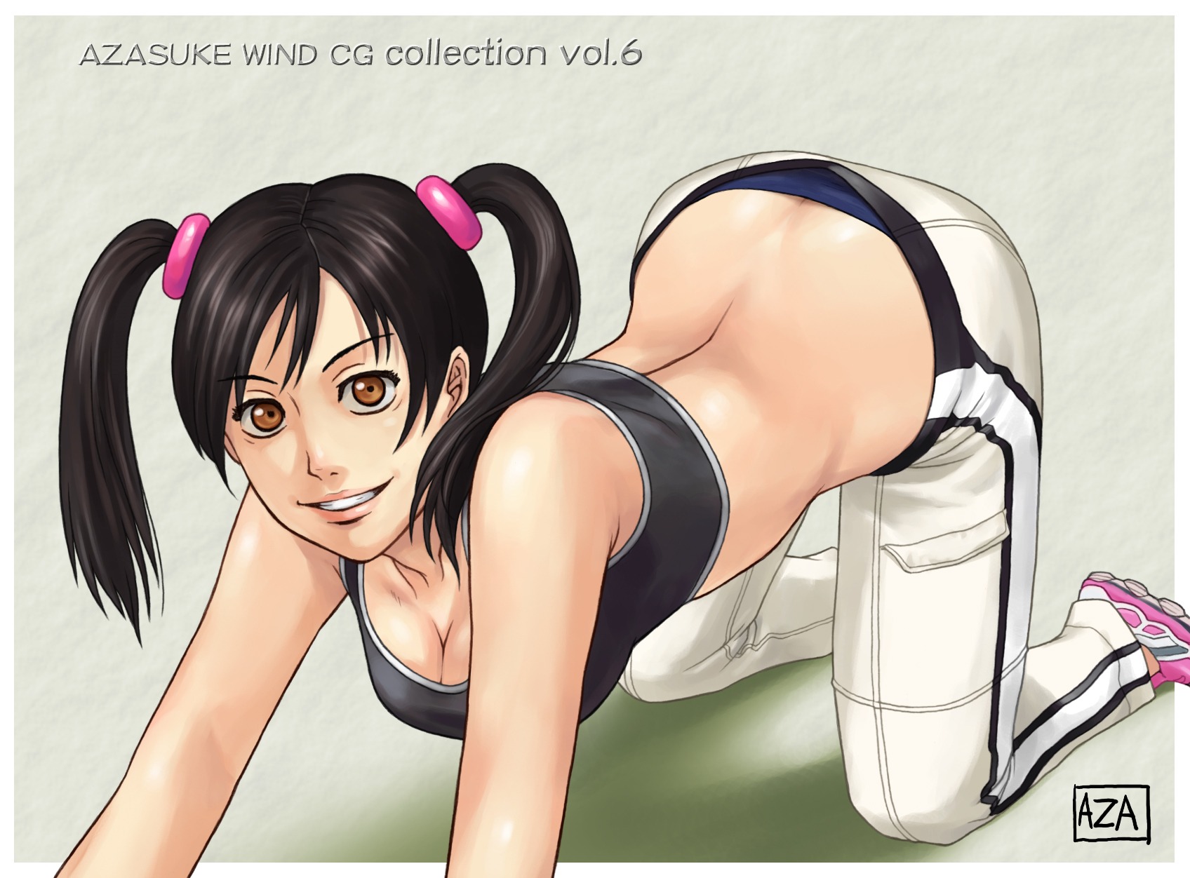 all_fours azasuke clothed female female_only highres ling_xiaoyu namco rule34 solo solo_female sports_bra sportswear tekken tied_hair twintails