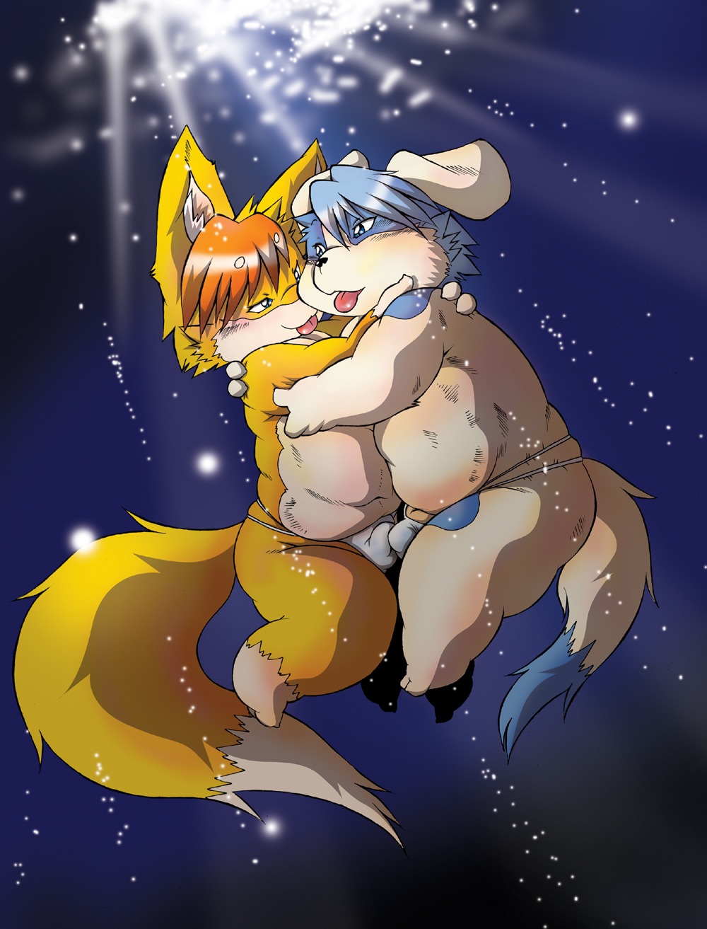 anthro bulge canid canine canis chibineco clothed clothing dipstick_tail domestic_dog duo e621 fox hi_res hug male male/male mammal markings overweight slightly_chubby swimming tail tail_markings thong tongue underwear water