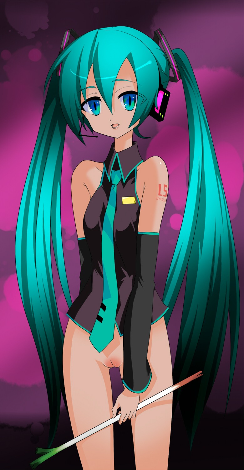 1girl aqua_eyes aqua_hair bottomless detached_sleeves female hatsune_miku headset long_hair necktie pussy rule34 solo spring_onion tagme twintails very_long_hair vocaloid