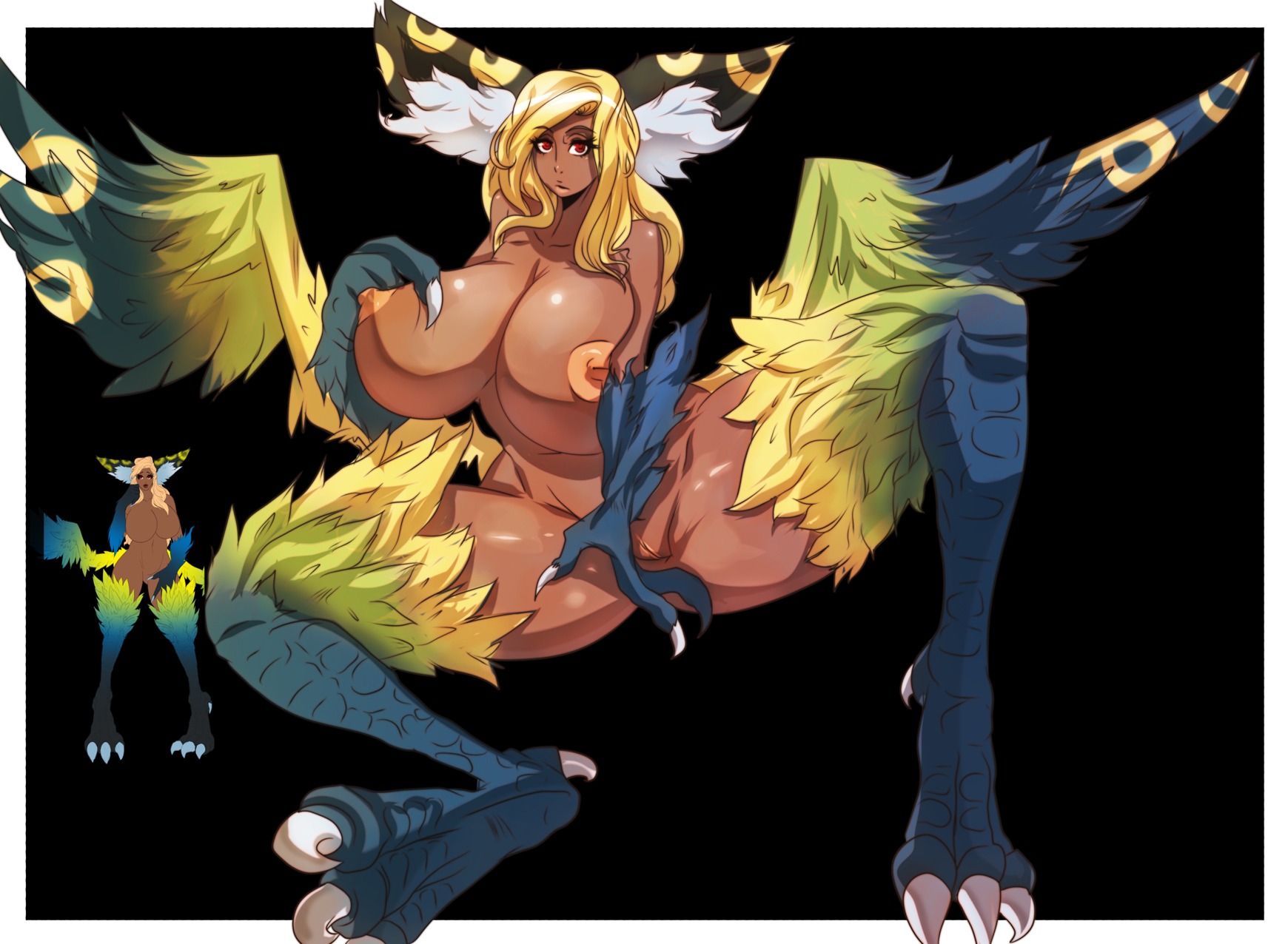 2013 anthro avian big_breasts black_body black_fur blonde_hair blue_body blue_feathers breasts claws dark_body dark_skin e621 european_mythology feathered_wings feathers feet female fur genitals greek_mythology green_body green_feathers hair harpy hi_res hindpaw huge_breasts lips liquidxlead long_hair looking_at_viewer mythological_avian mythological_creature mythology nude paws red_eyes sitting solo standing talons thick_thighs toes vulva white_body white_fur wings yellow_body yellow_feathers