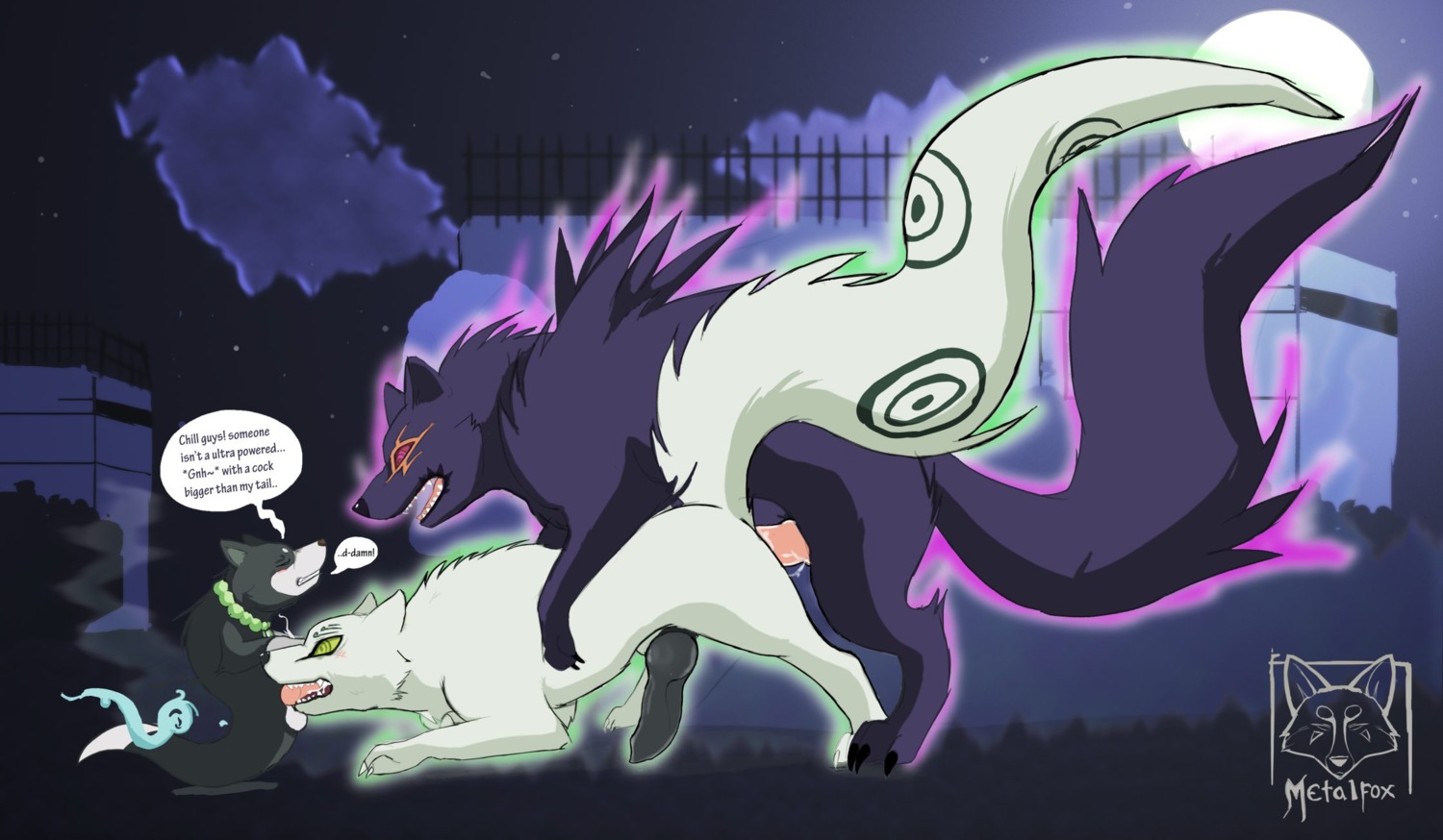 anal anal_penetration animal_genitalia animal_penis ayakashi balls blush canid canine canine_genitalia canine_penis canis collar domestic_dog e621 english_text erection fellatio feral from_behind_position fur genitals ghost green_eyes group group_sex hakubi hi_res kekkaishi knot kouya_(kekkaishi) madarao_(kekkaishi) male male/male male_penetrated male_penetrating male_penetrating_male mammal metalfox open_mouth oral oral_penetration penetration penile penis red_eyes sex spirit spitroast teeth text threesome trio white_body white_fur wolf