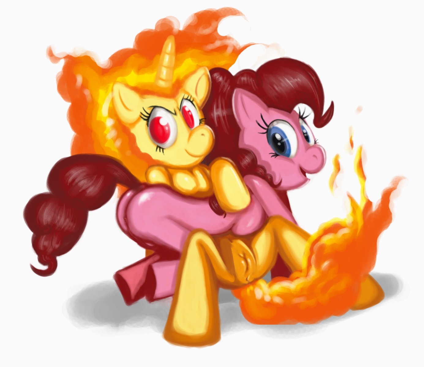 2011 anus blue_eyes breasts butt d.w. duo e621 earth_pony elemental_creature equid equine female feral fire fire_creature flaming_hair friendship_is_magic fur genitals hair hasbro hi_res horn horse mammal my_little_pony mythological_creature mythological_equine mythology pink_body pink_fur pink_hair pinkie_pie_(mlp) pony presenting pseudo_hair red_eyes side_boob simple_background sitting smile tail take_your_pick twilight_sparkle_(mlp) unicorn vulva white_background