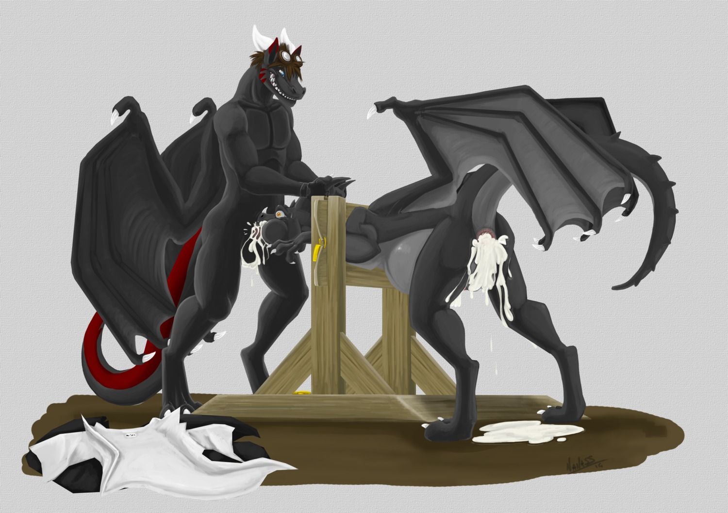 anthro anus balls barefoot belly bent_over biceps big_belly black_body black_skin blue_eyes bodily_fluids captain-blacky cheek_bulge claws cum cum_drip cum_inflation cum_inside cum_through deep_throat dragon dripping duo e621 excessive_cum excessive_genital_fluids feet fellatio forced forced_oral gaping gaping_anus genital_fluids genitals grey_body grey_skin grin hi_res horn horn_grab huge_belly hyper hyper_belly inflation male male/male male_penetrated male_penetrating male_penetrating_male membrane_(anatomy) membranous_wings messy muscular mythological_creature mythological_scalie mythology niv100 nol non-mammal_balls nude oral oral_penetration paws pecs penetration penile penis raised_tail restraints scalie sex side_view simple_background smile standing stocks tail textured_background white_claws wings wood yellow_eyes