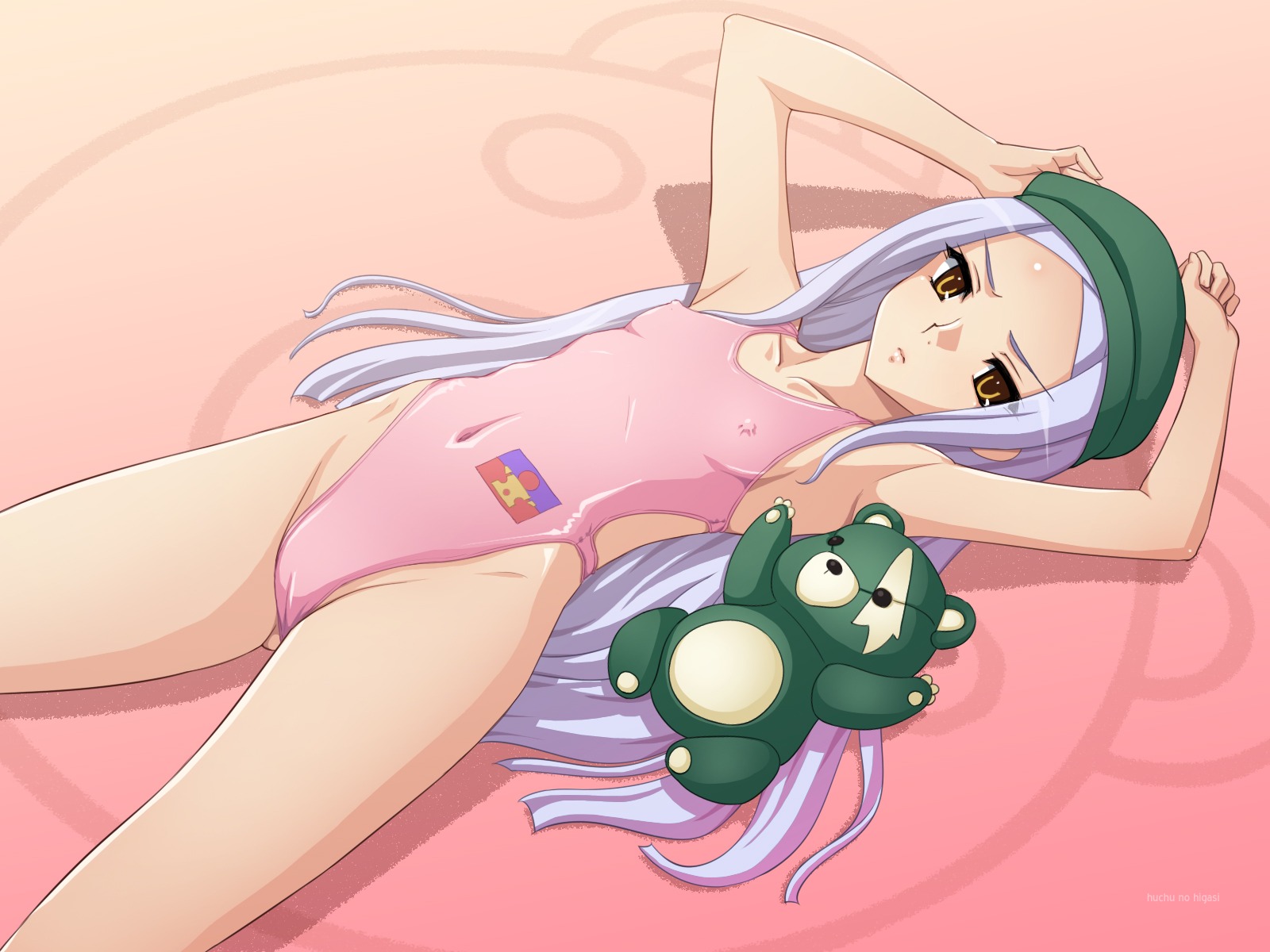 armpits cabbie_hat cameltoe erect_nipples female flat_chest gundam gundam_00 hat highres lying nipples one-piece_swimsuit pussy rule34 soma_peries stuffed_animal stuffed_toy swimsuit tadano_akira teddy_bear
