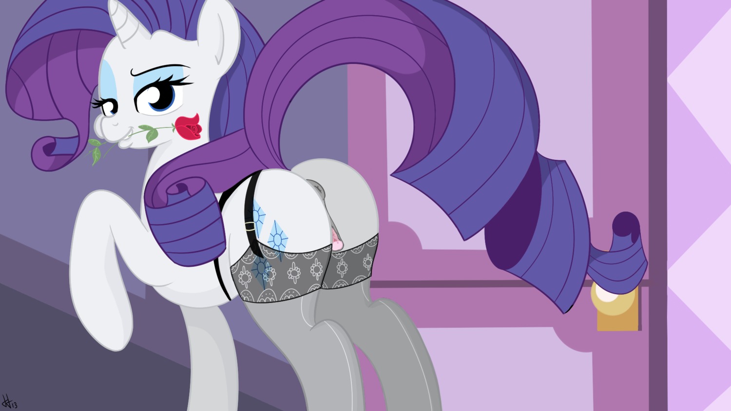 16:9 2013 anatomically_correct anatomically_correct_genitalia anatomically_correct_vulva animal_genitalia animal_vulva anus blue_eyes blue_eyeshadow clitoral_winking clitoris clothing cutie_mark e621 equid equine equine_genitalia equine_vulva eyeshadow female feral flower friendship_is_magic fur genitals hair hasbro hi_res horn jakejoke legwear long_hair looking_at_viewer makeup mammal my_little_pony mythological_creature mythological_equine mythology open_mouth plant purple_hair rarity_(mlp) rose_(flower) smile solo stockings unicorn vulva white_body white_fur widescreen