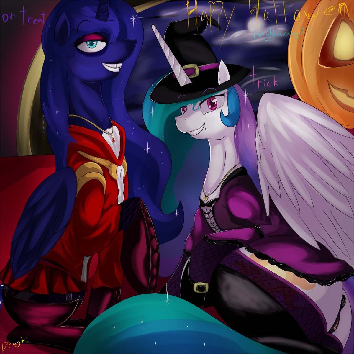 1:1 anus dragk duo e621 equid equine feathered_wings feathers female feral friendship_is_magic genitals halloween hasbro hi_res holidays horn mammal my_little_pony mythological_creature mythological_equine mythology princess_celestia_(mlp) princess_luna_(mlp) smile text vulva winged_unicorn wings
