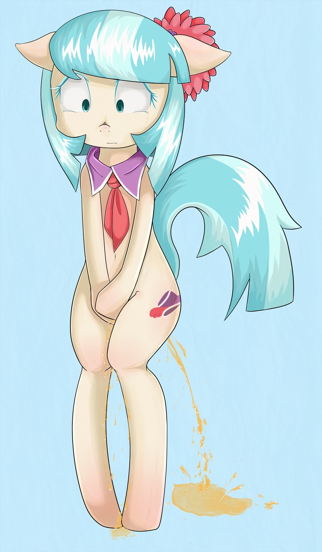 2014 blue_background blue_eyes blue_hair bodily_fluids coco_pommel_(mlp) cutie_mark e621 earth_pony equid equine female female_peeing friendship_is_magic genital_fluids hair hasbro hi_res holding_crotch horse mammal my_little_pony omorashi peeing pony semi-anthro simple_background solo standing urine watersports zokkili