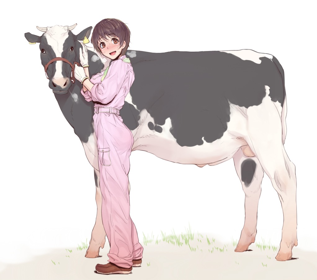 animal_genitalia balls blush bodily_fluids bovid bovine brown_eyes brown_hair cattle clothing cygames dairy_cattle duo e621 ear_piercing ear_tag female feral fully_sheathed genitals gloves hair handwear holstein_friesian_cattle human idolmaster idolmaster_cinderella_girls jumpsuit male mammal oikawa_shizuku piercing quadruped sheath short_hair sweat third-party_edit xxzero