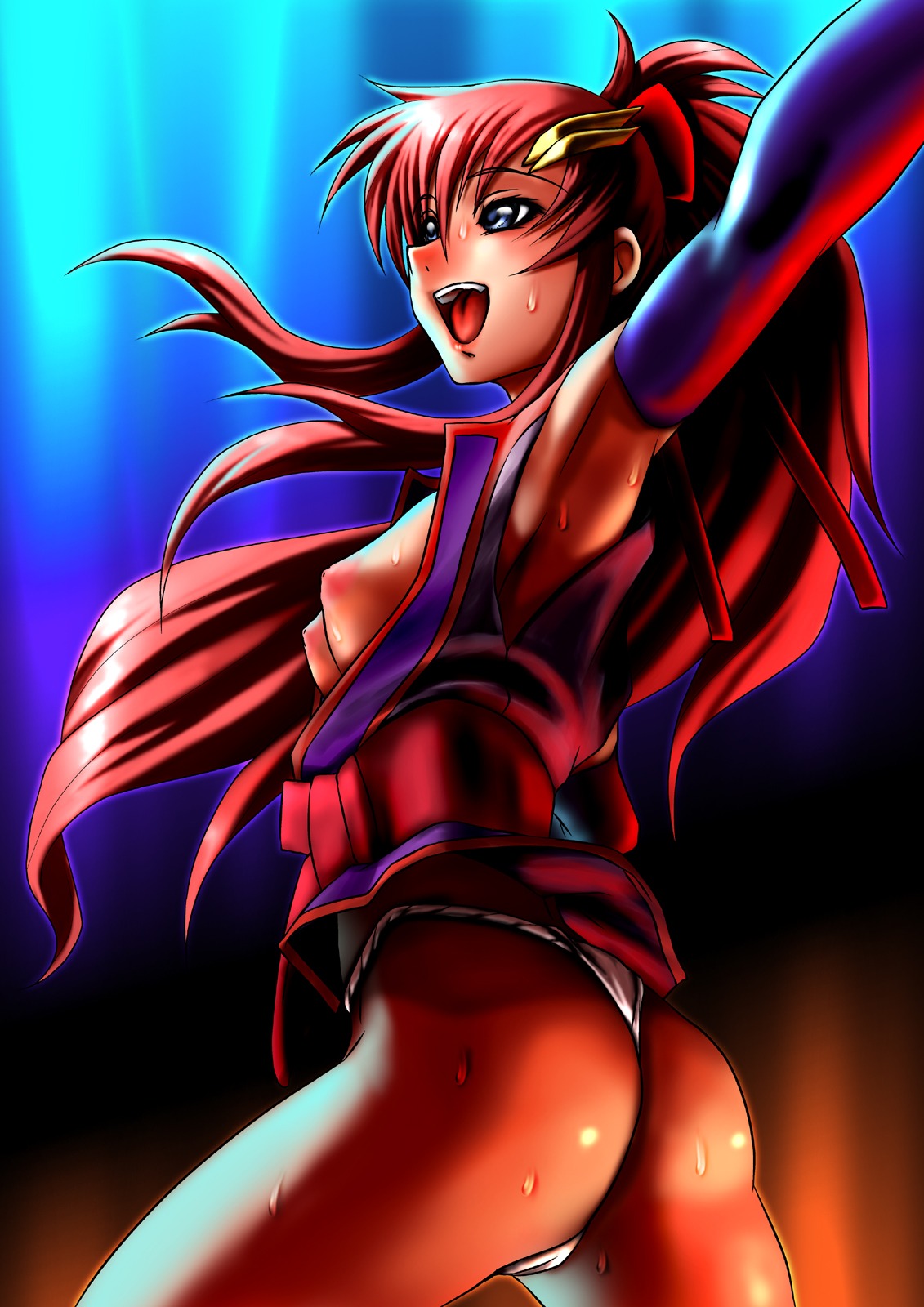 anime anime_style arm_raised arm_up armpits ass blue_eyes boobs boobs_out bow breasts breasts_out butt_out cheeks female gold_jewelry gundam gundam_seed gundam_seed_destiny hair hair_bow hair_ribbon happy lacus_clyne nose panties partially_clothed partially_nude red_hair rule34 sweat tagme tits tits_out victory_pose white_skin
