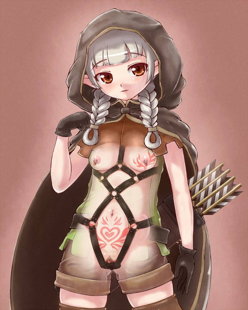 4:5 arrow_(weapon) breasts clitoris clitoris_piercing clothed clothing dragon's_crown e621 elf female genital_piercing genitals gloves grey_hair hair handwear harness humanoid monugaeru navel navel_piercing nipple_piercing nipples not_furry nude piercing quiver_(object) ranged_weapon solo tattoo vanillaware vulva vulva_piercing weapon