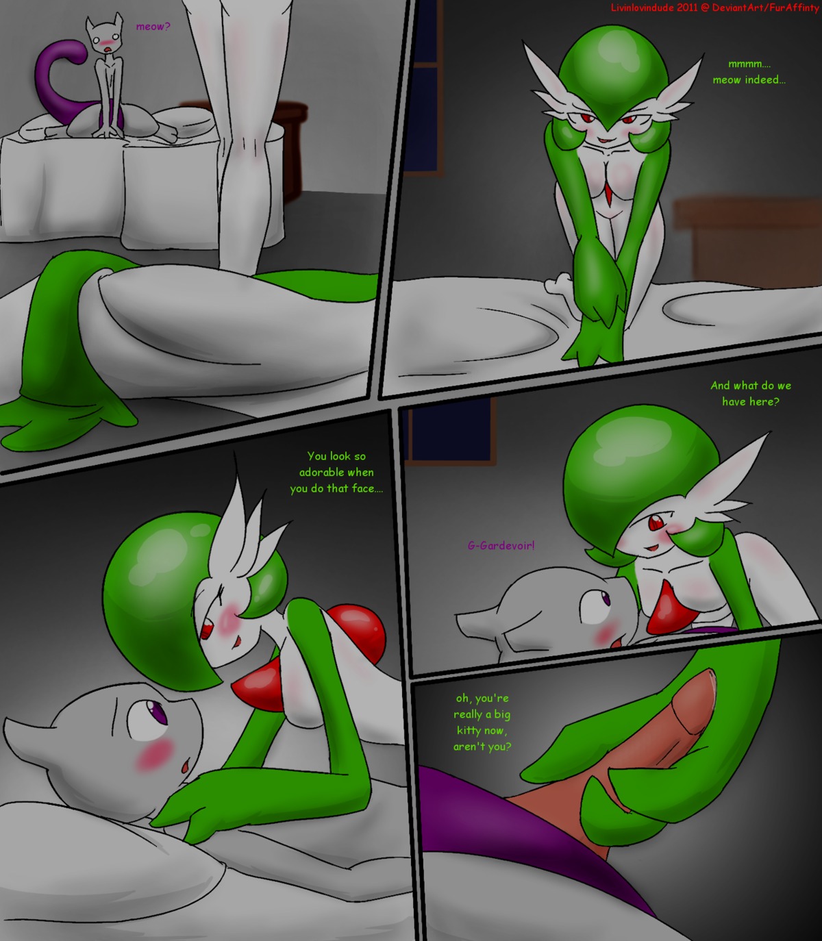 anthro color comic cowgirl_position english_text female female_on_top femdom gardevoir green_hair handjob humanoid interspecies legendary_pokemon livinlovindude male mewtwo on_bed on_top pokemon pokemon_(species) pokemon_rse red_eyes romantic rule34 short_hair tail text white_skin wholesome