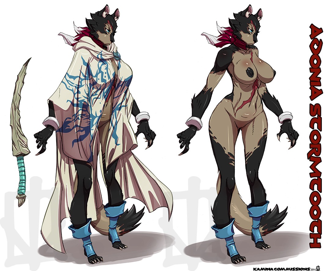 2014 adonia_stormtooth anthro areola big_breasts biped black_body black_fur black_nipples black_nose blue_eyes boots bracelet breasts brown_body brown_fur canid canine canis claws cloak clothing e621 female footwear fur genitals hair jewelry kamina1978 mammal melee_weapon model_sheet navel nipples nude off/on scar scarf shoes short_hair simple_background solo spots standing sword vader120 vulva weapon white_background wolf