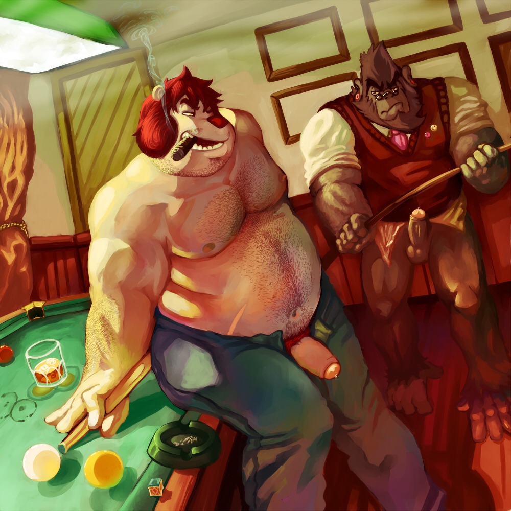 1:1 2011 accessory alcohol anthro ape ball balls bear beard beer belly beverage biceps billiard_ball billiard_table billiards blazingcheecks bobo_(blazingcheecks) bodily_fluids bottomless bottomwear cigar clothed clothing cue_ball cue_stick duo e621 erection eyewear facial_hair feet foreskin fur furniture genital_fluids genitals glass glasses gorilla hair hairy half-erect haplorhine hindpaw humanoid_genitalia humanoid_penis male mammal muscular necktie nipples obese open_mouth overweight pants partially_retracted_foreskin paws penis precum primate pubes red_hair retracted_foreskin shirt sideburns sitting smile smirk smoke smoking stubble suit sweater sweater_vest table thick_penis tongue topless topwear vein vest whiskey