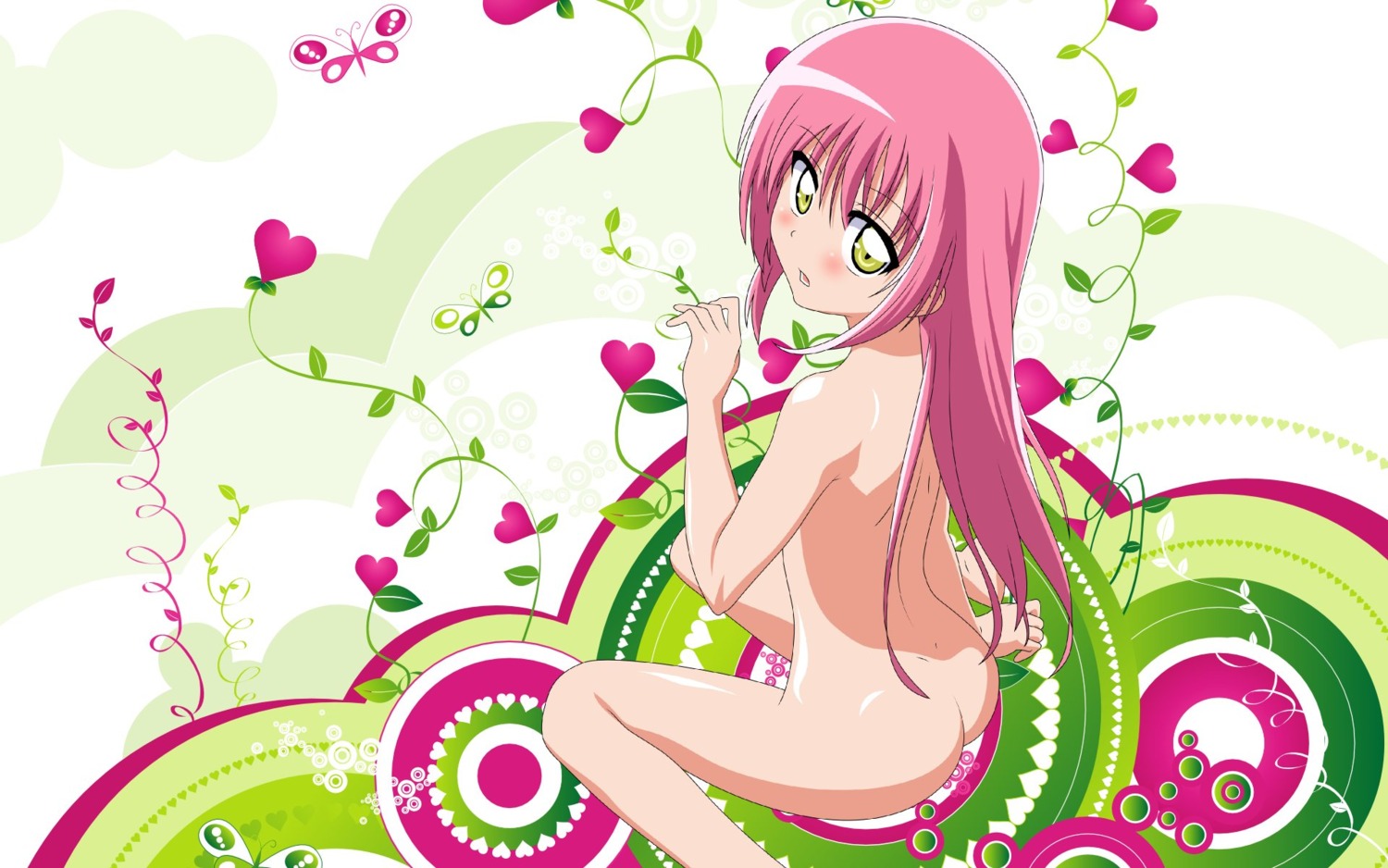 blush butterfly female from_behind hayate_no_gotoku! highres katsura_hinagiku long_hair nude pink_hair rule34 sitting wallpaper yellow_eyes