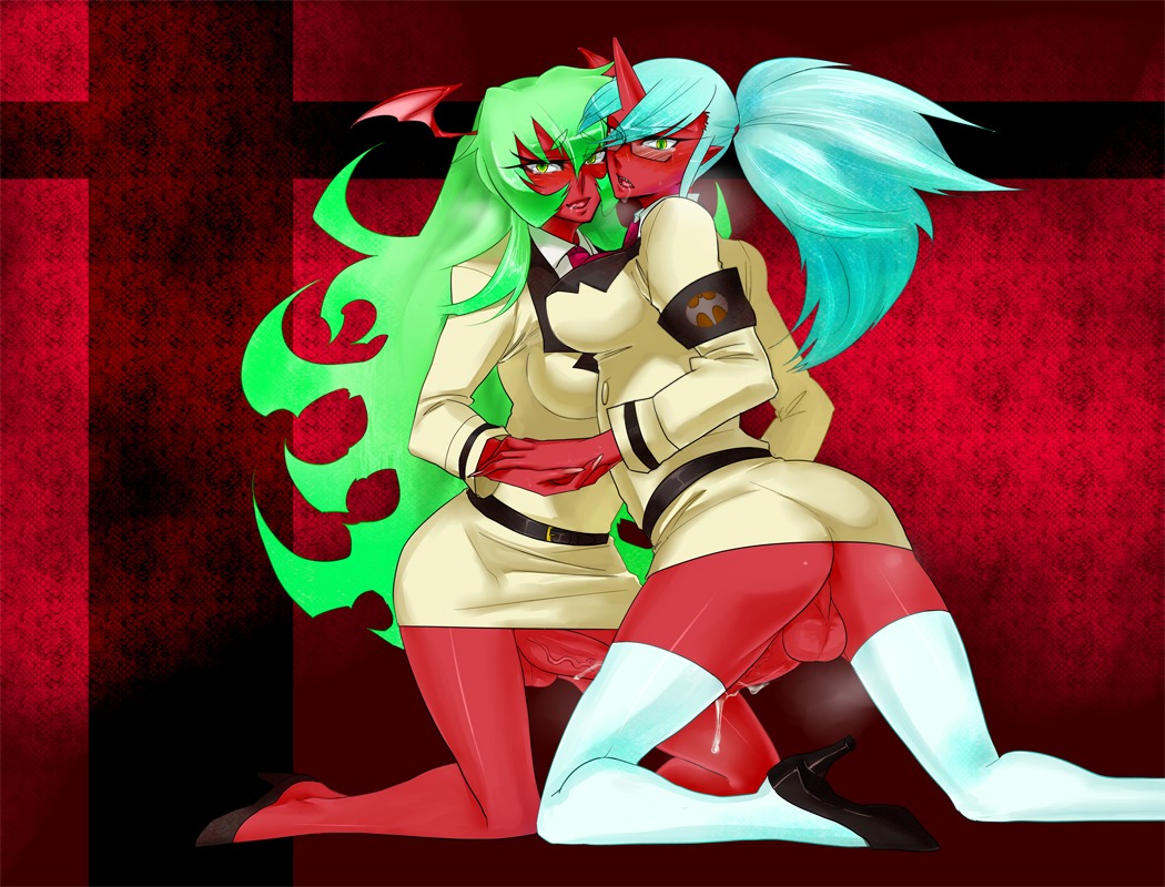 2futas ass backsack balls balls_under_clothes ballsack bat_wings blue_hair blush bottomless_skirt breasts cum cum_on_penis cumshot dandyhamaki dark-skinned_futa dark_skin demon drooling ejaculation erection erection_under_clothes erection_under_skirt futa_on_futa futa_only futa_sans_pussy futanari glasses green_eyes green_hair hands-free handsfree_ejaculation high_heels horn intersex kneesocks_daemon large_ass large_breasts long_hair open_mouth panty_&amp;_stocking_with_garterbelt penis penis_out penis_under_clothes penis_under_skirt ponytail red_skin rule34 saliva scanty_daemon shoes sisters skirt skirt_lift taint testicles thighhighs tie tied_hair uniform veiny_penis wide_hips wings