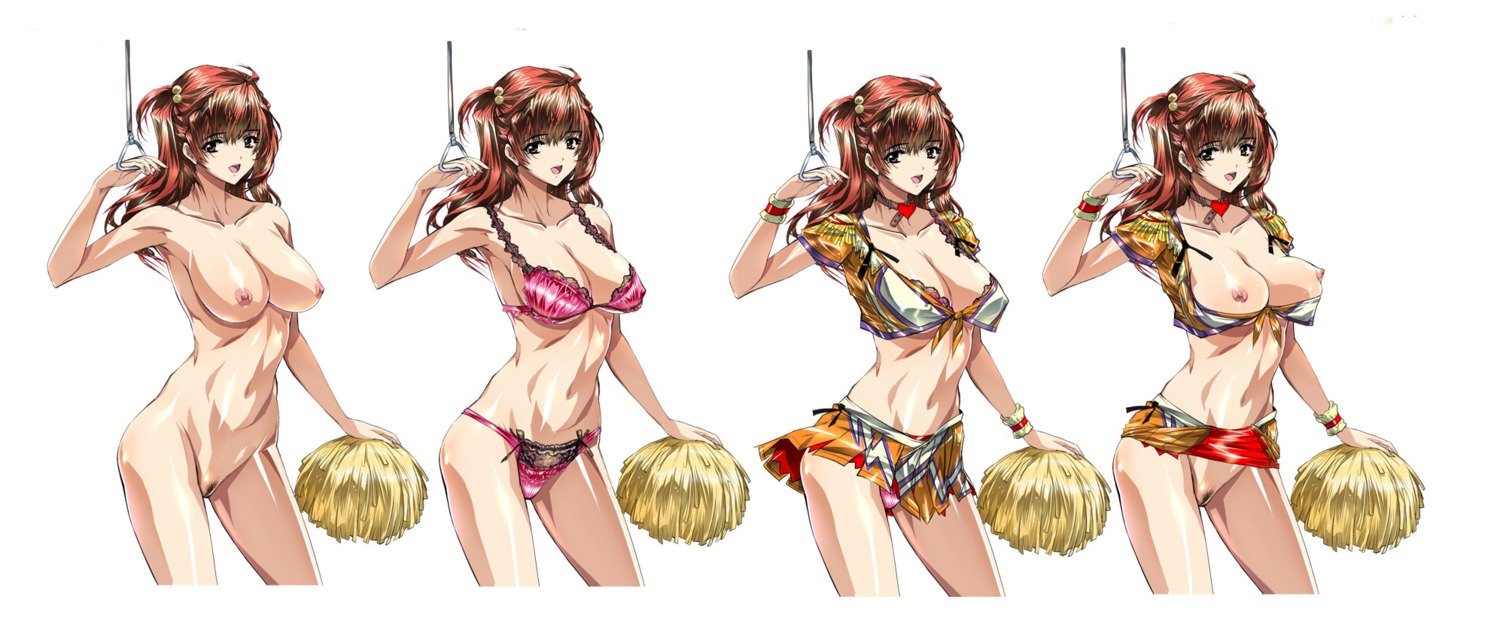 bra brown_eyes brown_hair character_sheet cheerleader choker cleft_of_venus costume_chart female hair_bobbles hair_ornament heart highres lingerie long_image looking_at_viewer midriff miniskirt multiple_persona navel nude original panties pom_poms pubic_hair pussy q_azieru rule34 shirt_pull simple_background skirt skirt_lift solo standing uncensored underwear white_background wide_image