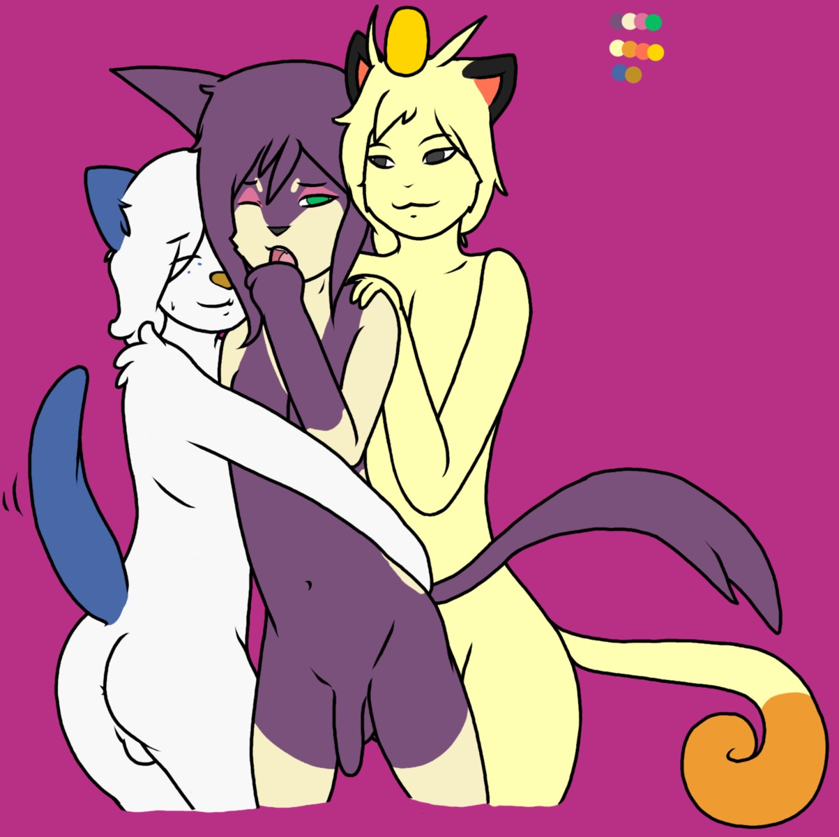 anthro anthrofied backsack balls black_nose butt coin daniruu e621 eyes_closed felid femboy flaccid fluffy fluffy_tail fur generation_1_pokemon generation_5_pokemon genitals green_eyes group hair happy hi_res hug long_hair long_tail love male male/male mammal meowth mustelid nintendo nude one_eye_closed open_mouth oshawott penis pokemon pokemon_(species) pokemorph purple_background purple_balls purple_body purple_fur purple_hair purple_penis purrloin red_nose shy simple_background slim standing tail tail_motion tailwag tan_body tan_fur tan_hair unfinished whiskers white_balls white_body white_fur white_hair
