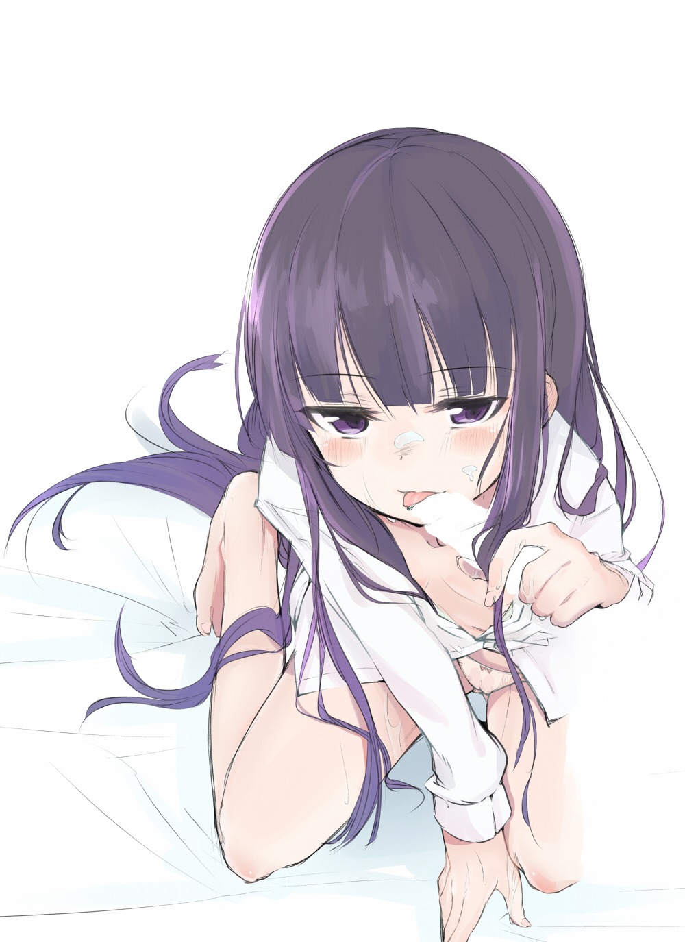 1girls 2d color cum dress_shirt face fellatio female female_only foreshortening hands highres hope_yakisoba inu_x_boku_ss invisible_penis long_hair male navel oral panties penis pink_panties purple_hair rule34 shadedbarefoot shirakiin_ririchiyo shirt solo solo_female underwear
