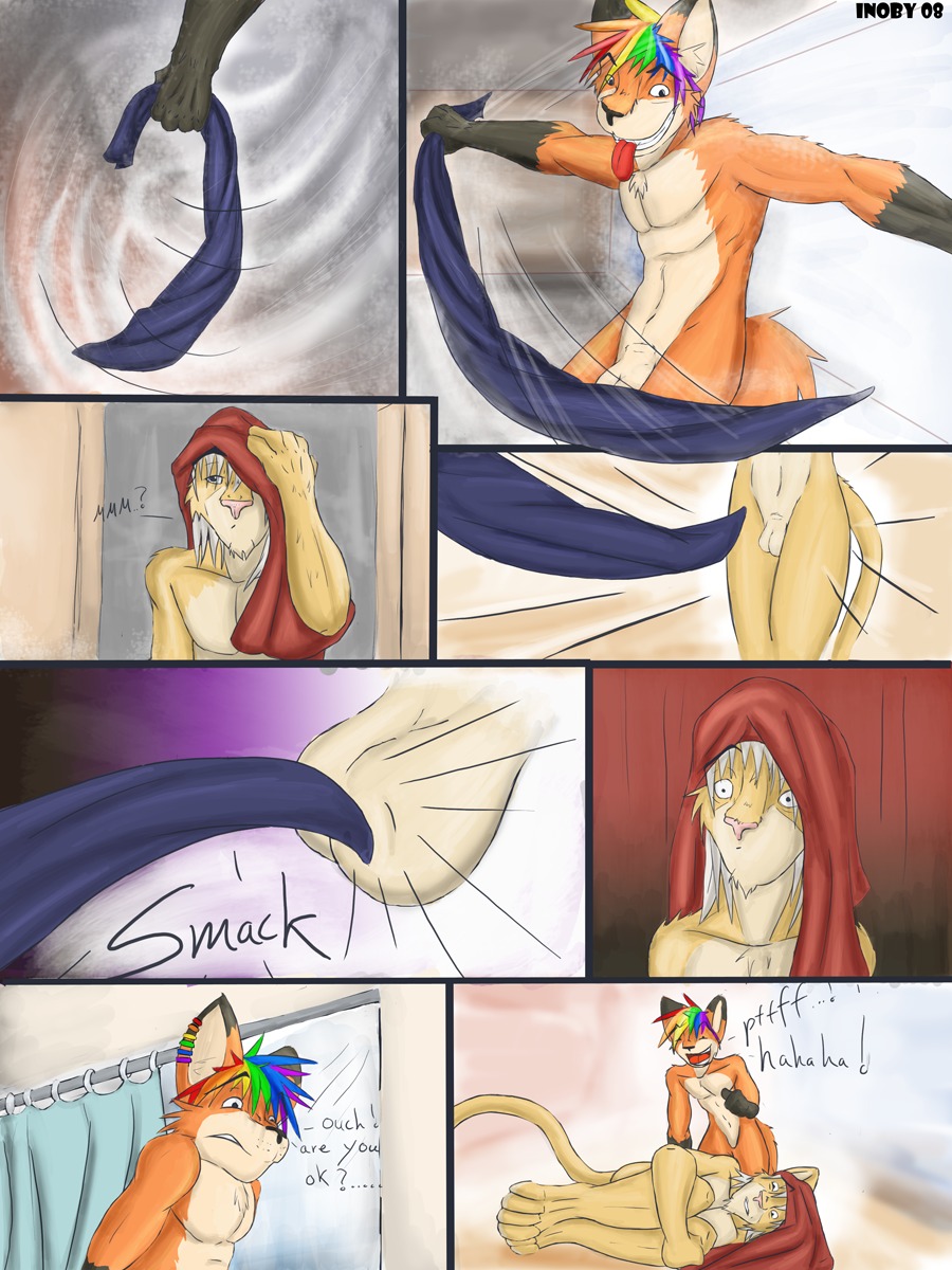 2008 3:4 anthro ballbusting balls bathroom canid canine cock_and_ball_torture comic dialogue duo e621 eight_frame_image english_text felid fox genital_torture genitals hair hi_res holding_object holding_towel horizontal_staggering inoby inside laugh lion male mammal multicolored_hair object_shot onomatopoeia oops ouch pain pantherine rainbow_hair rainbow_piercings sound_effects staggering_(layout) tail text towel towel_whip vocalization vowelless vowelless_vocalization