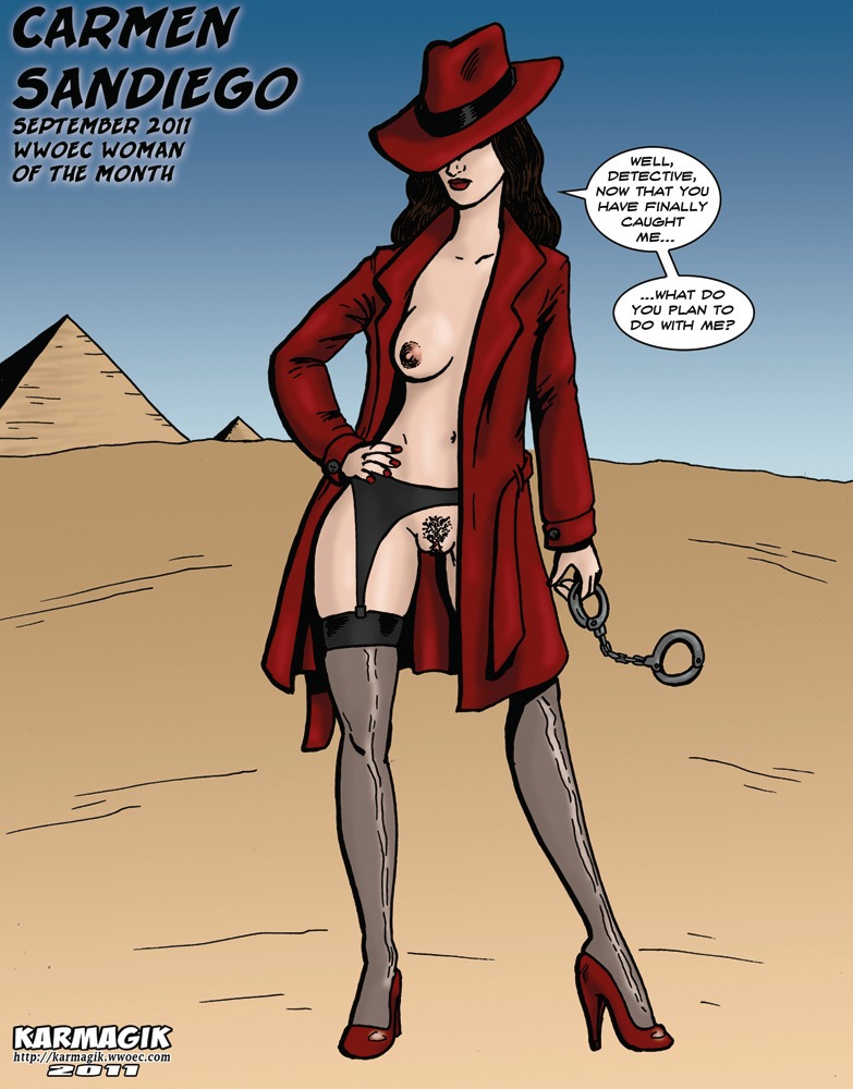 1girls 2011 black_hair carmen_sandiego clothes coat egypt female garter_belt handcuffs hat high_heels karmagik open_clothes pyramid rule34 solo stockings tagme where_in_the_world_is_carmen_sandiego