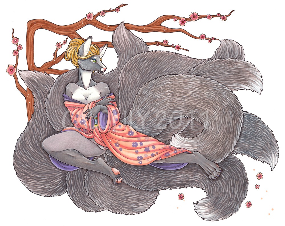 2011 anthro calolily canid canine e621 female fox genitals mammal multi_tail solo tail vulva