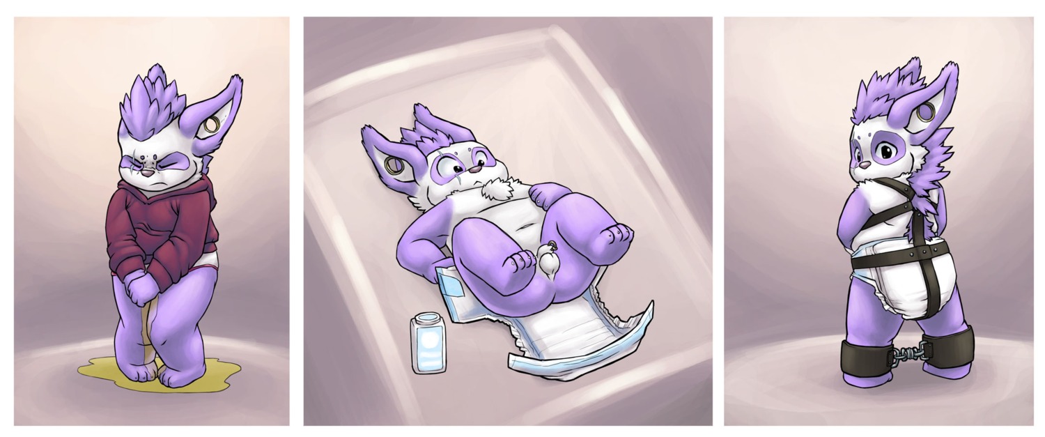 accident anthro astolpho baby_powder balls bdsm bear bodily_fluids bondage bound briefs chastity_device chastity_piercing clothing comic diaper diaper_change digital_media_(artwork) e621 ear_piercing embarrassed fur gauged_ear genital_fluids genital_piercing genitals giant_panda harness hi_res hoodie lying male mammal omorashi on_back open_diaper peeing penis penis_piercing piercing puddle purple_body purple_fur scar solo topwear underwear urine watersports wet wetting young young_anthro young_male