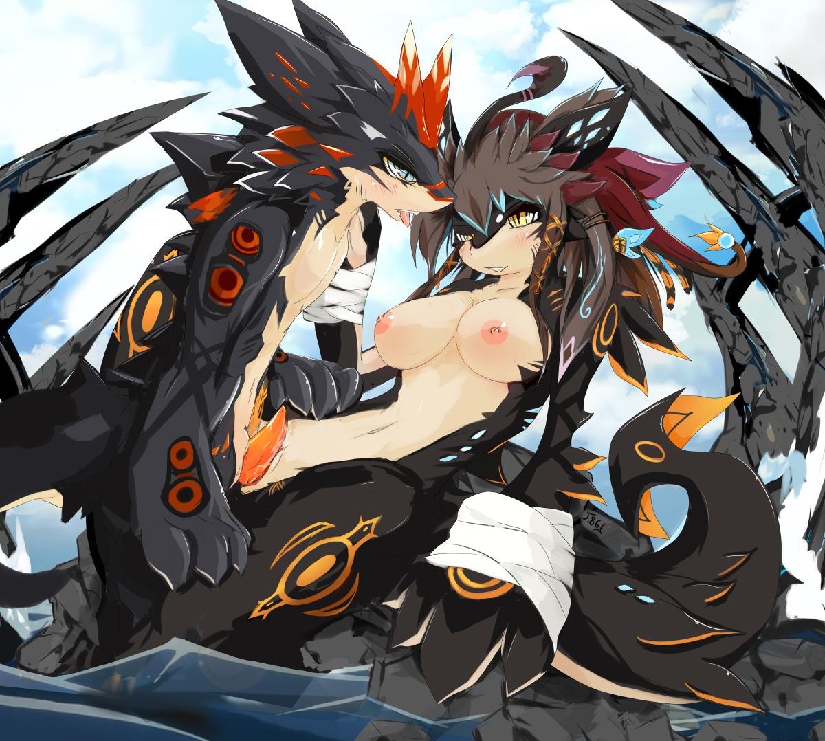 anthro anthro_on_anthro areola big_breasts blush breasts dragon dragoon86 duo e621 erection female genitals lying male male/female mythological_creature mythological_scalie mythology nipples non-mammal_breasts non-mammal_nipples nude on_back outside penis pussyjob scalie sex table_lotus_position tail tapering_penis vaginal vulva