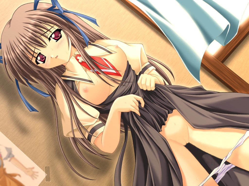 1girls air_(anime) akimoto_dai breasts dress dress_lift female panties panty_pull pussy rule34 school_uniform seifuku serafuku solo toono_minagi underwear white_panties