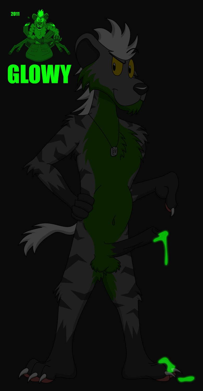 2011 absurd_res anthro balls bodily_fluids countershading cum darkness e621 erection genital_fluids genitals glowhyena glowhyena_(artist) glowing glowing_cum green_body green_countershading hair hi_res hyena male mammal masturbation nude oral penis solo striped_hyena tail unusual_bodily_fluids unusual_cum unusual_genital_fluids white_hair yellow_eyes