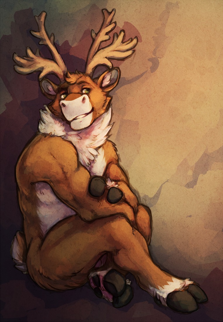 anthro antlers balls barefoot biped brown_body brown_fur conditional_dnp crossed_legs deer e621 feet fur garnetto genitals green_eyes hooves horn inner_ear_fluff male mammal new_world_deer nude pose reindeer ruxley sitting smile solo tuft white_body white_fur