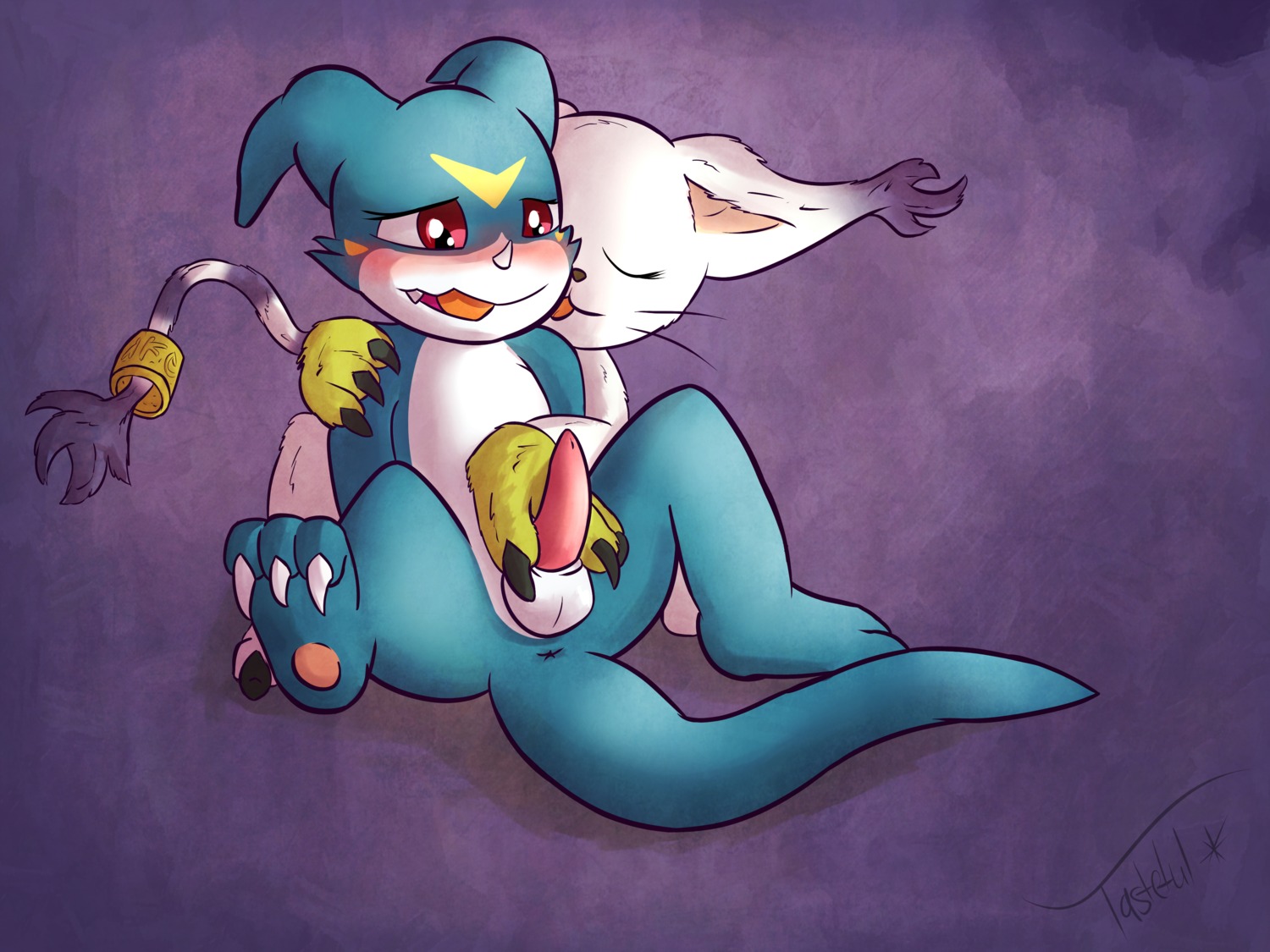 2013 4:3 absurd_res anthro anus balls bandai_namco blue_body blue_skin blush claws digimon digimon_(species) duo e621 ear_tuft erection eyes_closed felid female fur gatomon genitals handjob hi_res interspecies male male/female mammal nude open_mouth penile penis red_eyes ring sex tasteful-clopper tongue tuft veemon whiskers white_body white_fur