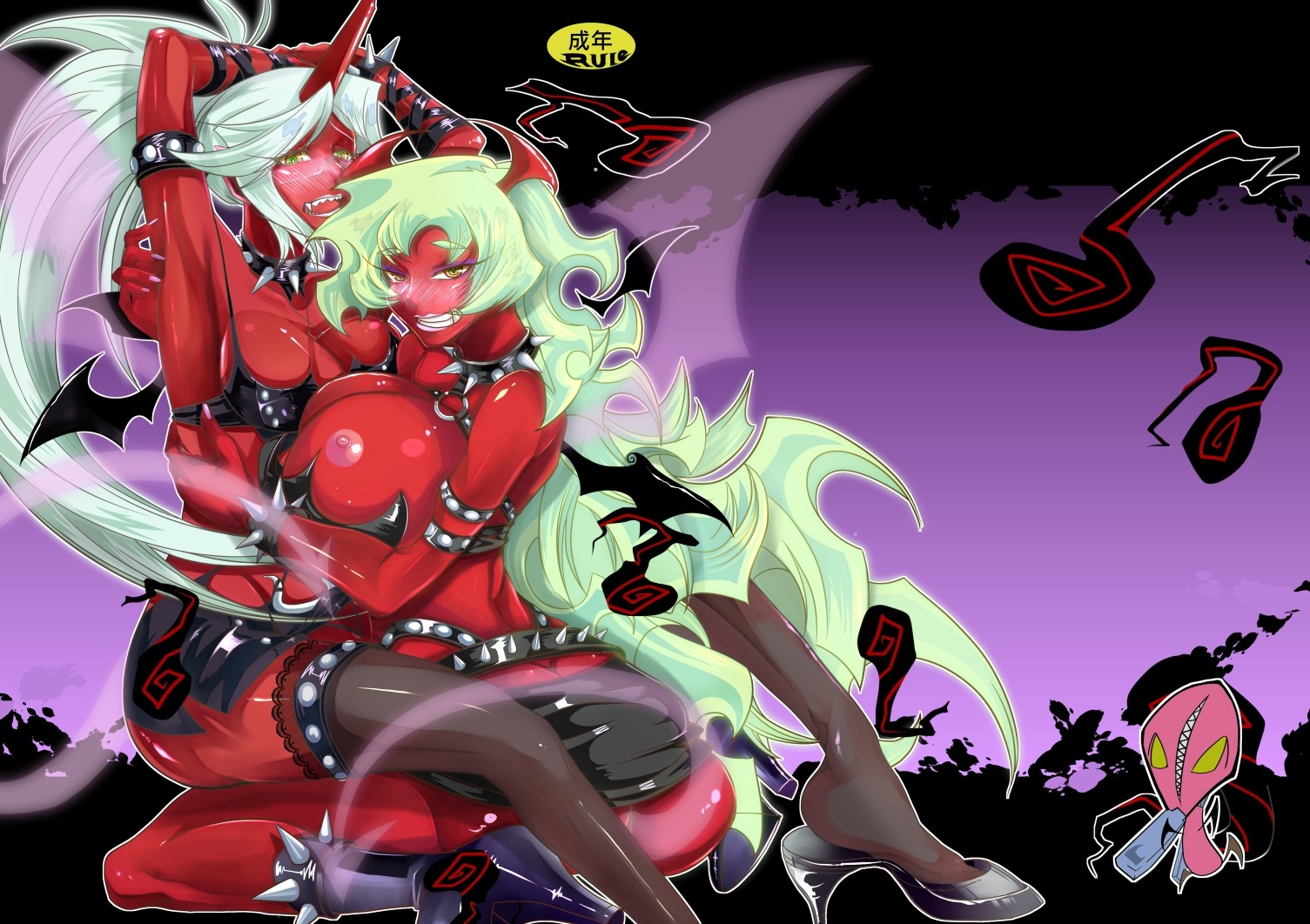 2demons blush breasts demon demon_girl demon_tail demon_wings fastener_(psg) female glasses horn horns kneesocks_daemon large_breasts nipples panty_&amp;_stocking_with_garterbelt red_skin rule34 scanty_daemon smile tail