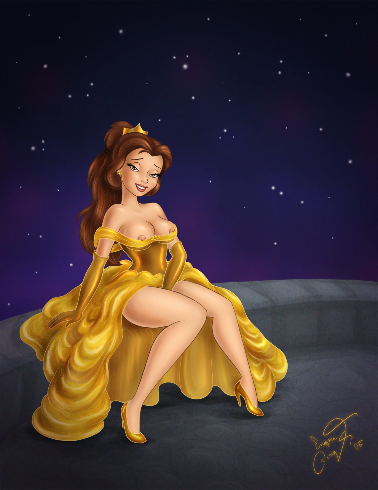 2008 artist_signature beauty_and_the_beast_(1991_film) bedroom_eyes belle_(beauty_and_the_beast) breasts crown disney disney_princess enigmawing exposed_breasts female female_only gold_heels high_heels human masturbation nipples rule34 signature solo starry_sky tagme