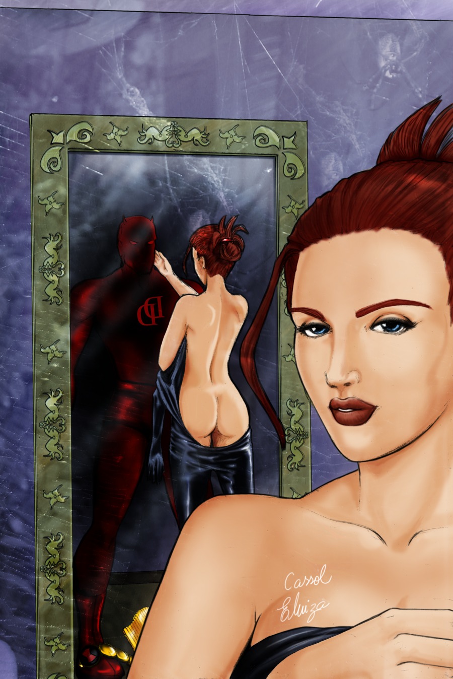 1boy 1girls black_widow_(marvel) bodysuit bodysuit_pull canon_couple clothed_male clothed_male_nude_female daredevil daredevil_(series) female human human_only male male/female marvel marvel_comics mirror mirror_reflection natasha_romanoff partially_undressed red_hair rule34 sexy straight tagme