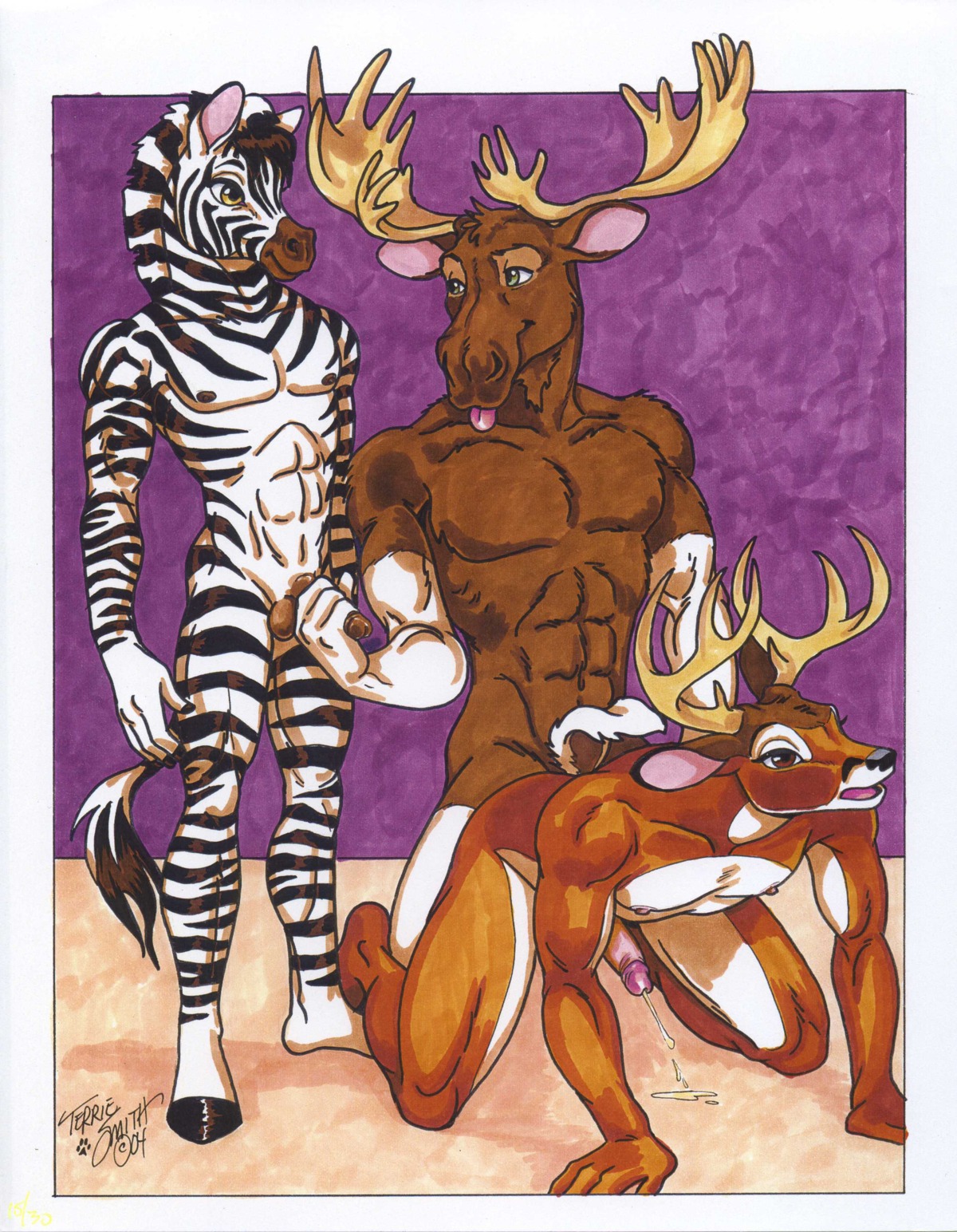 2004 abs absurd_res all_fours anal anthro balls bodily_fluids cum cum_while_penetrated deer doggystyle e621 equid equine erection femboy from_behind_position genital_fluids genitals group group_sex handjob hi_res male male/male male_penetrated male_penetrating male_penetrating_male mammal moose new_world_deer nude penetration penile penis pounding_ass sex signature stripes terrie_smith threesome thrusting tongue traditional_media_(artwork) trio zebra