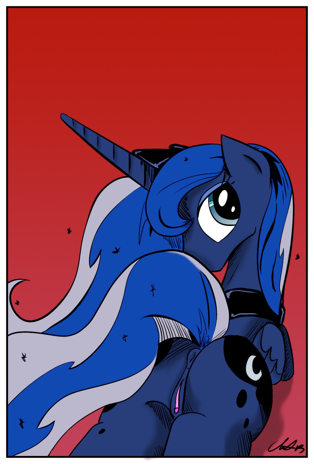 2013 blue_body blue_feathers csotws e621 equid equine feathered_wings feathers female feral friendship_is_magic genitals hair hasbro hi_res hooves horn inviting looking_at_viewer mammal multicolored_hair my_little_pony mythological_creature mythological_equine mythology presenting princess_luna_(mlp) simple_background solo vulva winged_unicorn wings