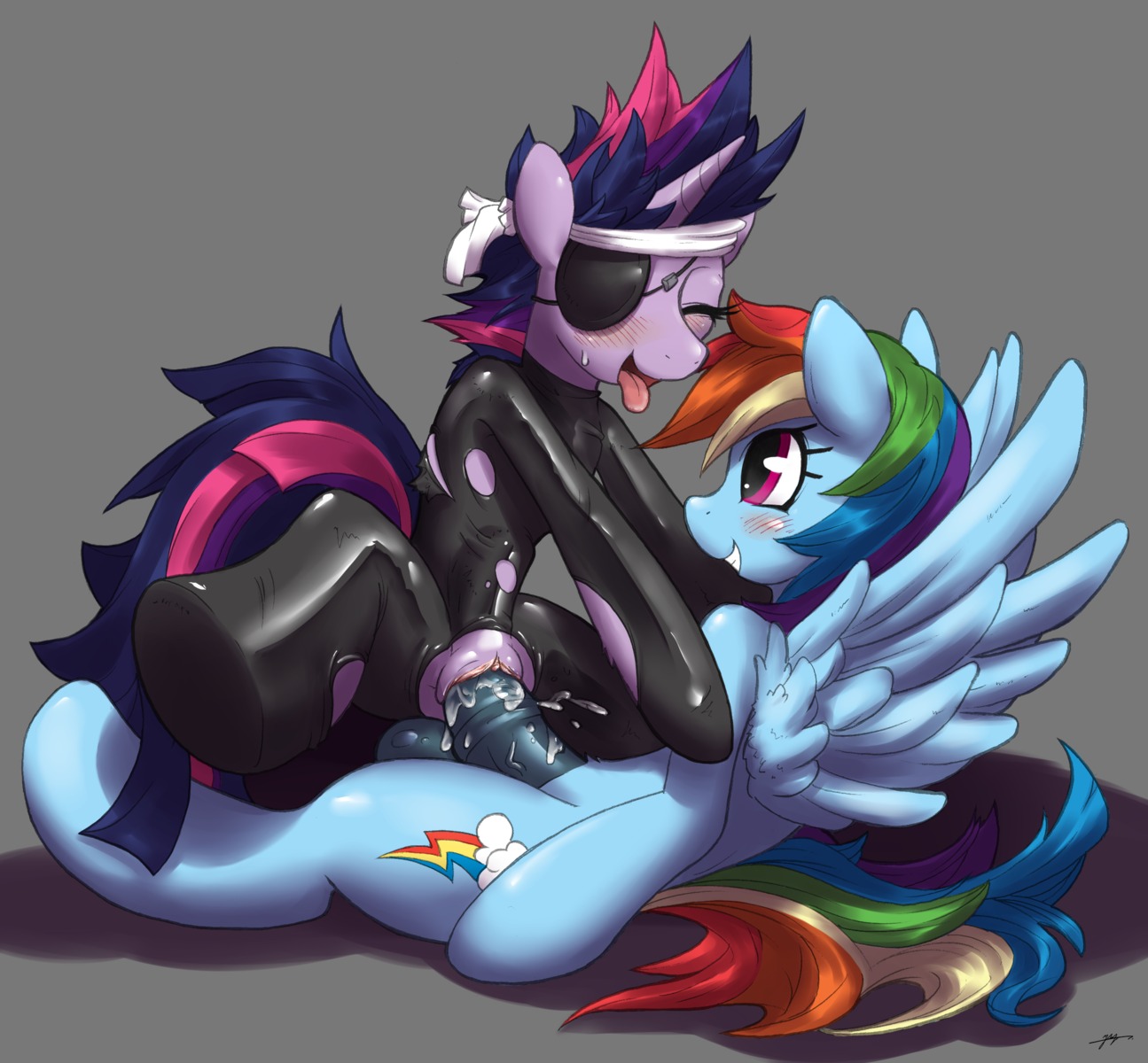 abdominal_bulge animal_genitalia animal_penis anthro balls blue_body blue_feathers blue_fur blush bodily_fluids cowgirl_position cutie_mark duo e621 equid equine equine_genitalia equine_penis erection eyes_closed feathered_wings feathers female friendship_is_magic from_front_position fur genital_fluids genitals grey_background gynomorph gynomorph/female hair hasbro hi_res horn intersex intersex/female mammal mirapony multicolored_hair multicolored_tail my_little_pony mythological_creature mythological_equine mythology on_bottom on_top pegasus penis purple_body purple_eyes purple_fur purple_hair rainbow_dash_(mlp) rainbow_hair rainbow_tail semi-anthro sex simple_background straddling sweat tail teeth tongue tongue_out twilight_sparkle_(mlp) two_tone_hair unicorn vaginal_fluids vulva wing_boner wings