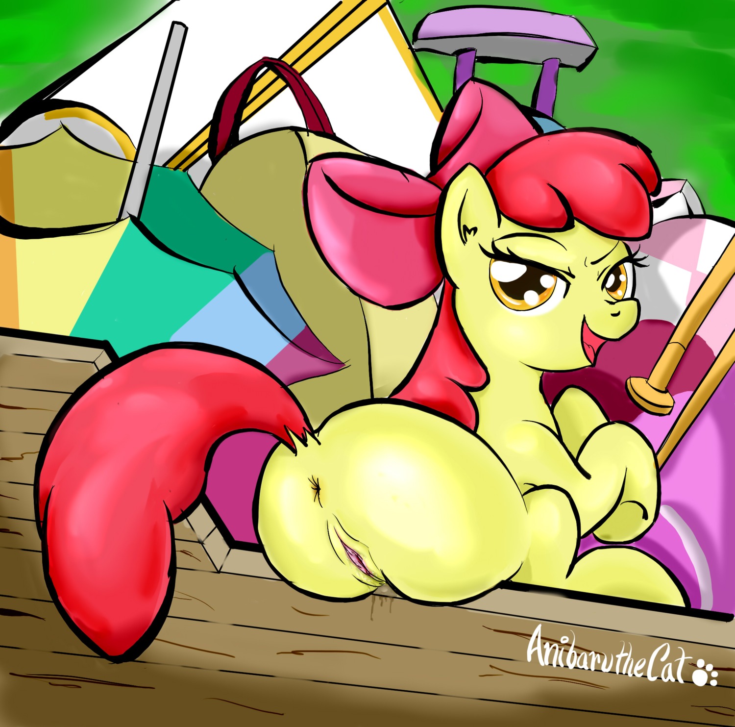 2014 accessory amber_eyes anibaruthecat anus apple_bloom_(mlp) bodily_fluids bow_(feature) bow_accessory bow_ribbon butt digital_media_(artwork) e621 earth_pony equid equine female feral friendship_is_magic fur genital_fluids genitals hair hair_accessory hair_bow hair_ribbon half-closed_eyes hasbro hi_res horse loli looking_at_viewer mammal my_little_pony narrowed_eyes pony red_hair ribbons solo umbrella vaginal_fluids vulva yellow_body yellow_fur young young_female young_feral