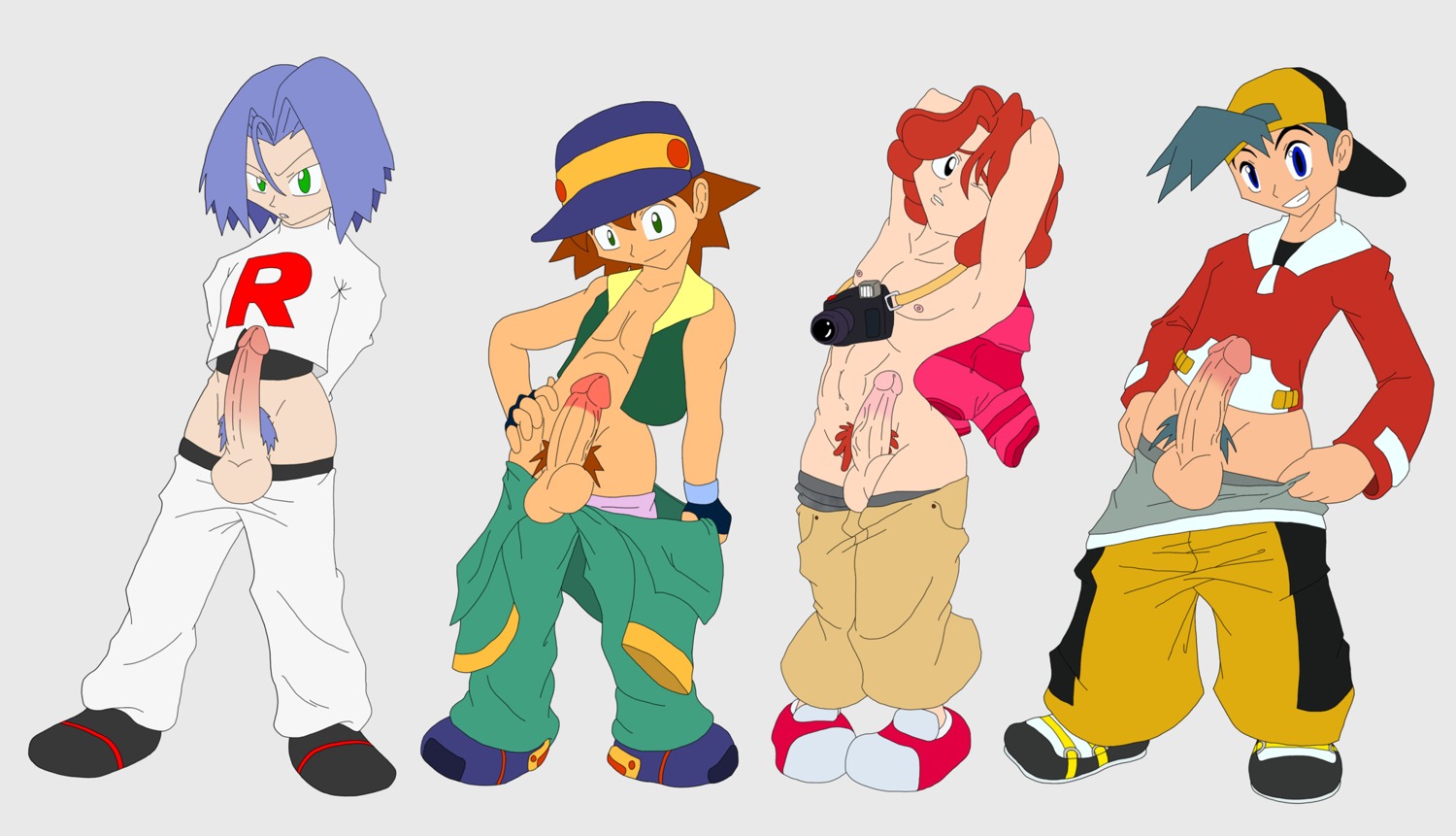 4boys backwards_baseball_cap baseball_cap blue_hair brown_hair camera erection ethan_(pokemon) green_eyes green_hair human james_(pokemon) male male_only multiple_males multiple_penises open_vest pants_down penis penis_size_difference pokemon presenting_penis puberty pubic_hair red_hair ritchie_(pokemon) rule34 shirt_removed tagme todd_snap topless trainer_(artist)