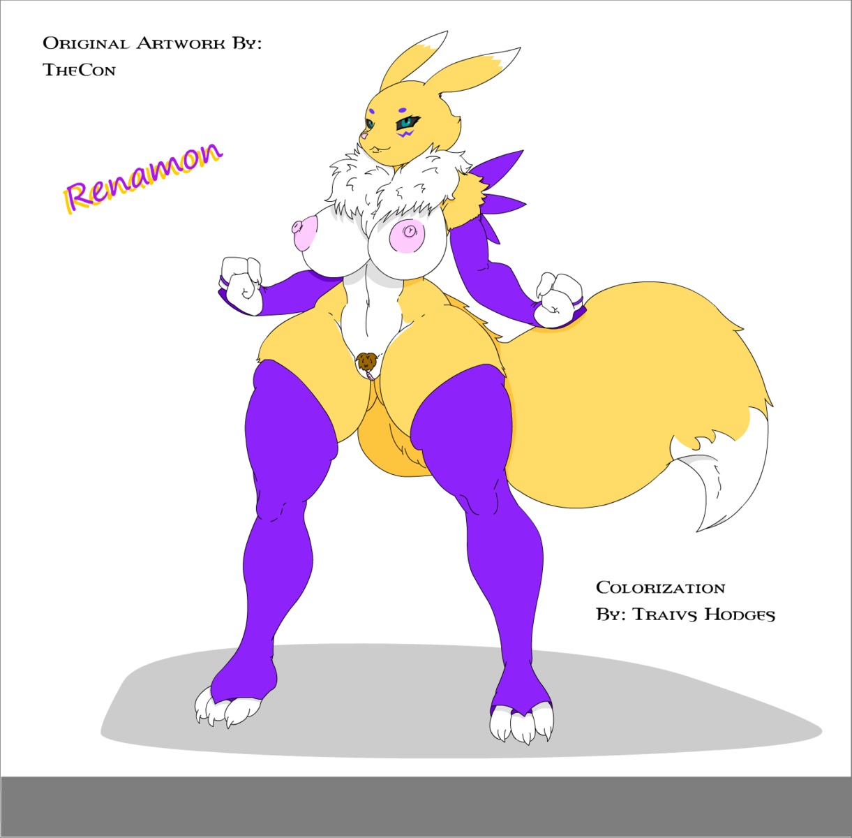 anthro armwear bandai_namco big_breasts black_sclera breasts bridal_gauntlets canid canine clothing digimon digimon_(species) dipstick_tail e621 female footwear fur genitals gloves handwear hi_res kyubit legwear mammal markings mostly_nude nipples pubes purple_clothing renamon solo tail tail_markings thecon thigh_highs toeless_footwear toeless_legwear vulva white_body white_fur yellow_body yellow_fur