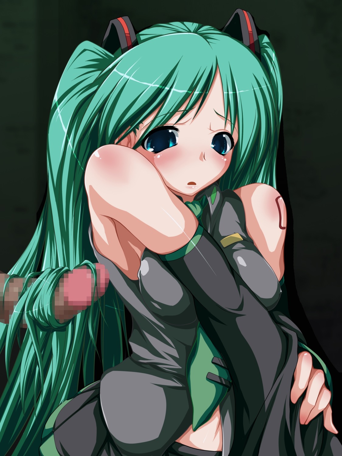 1boy 1girl aqua_eyes aqua_hair blush censored detached_sleeves female green_hair hairjob hatsune_miku hetero long_hair mosaic_censoring necktie penis rule34 solo_focus tagme twintails very_long_hair vocaloid